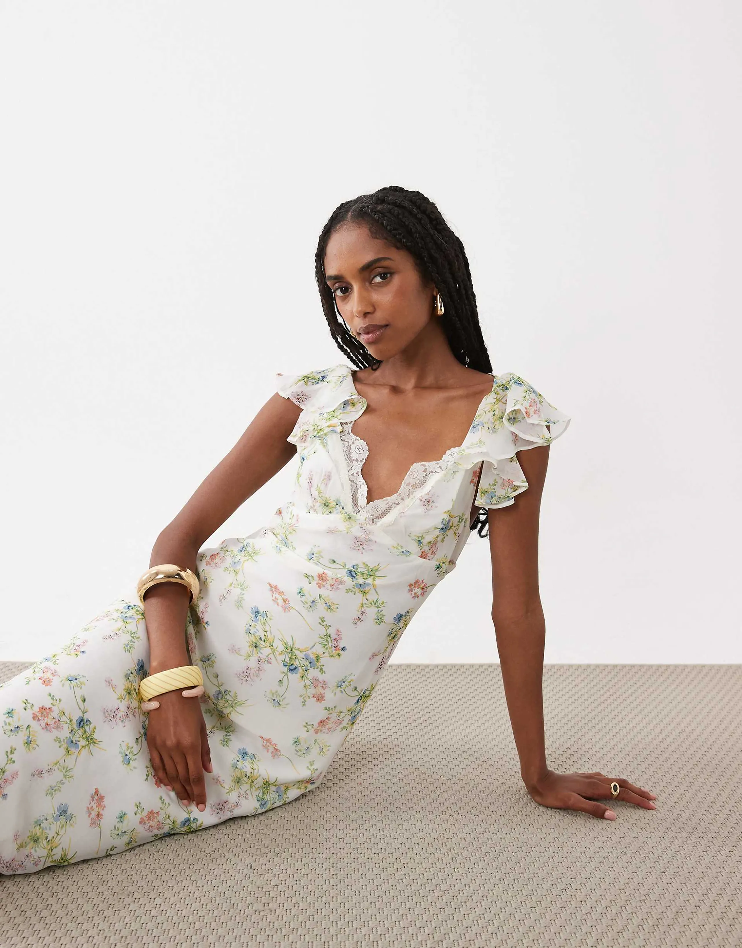 ASOS DESIGN frill sleeve sweetheart neck midi dress in navy spot print