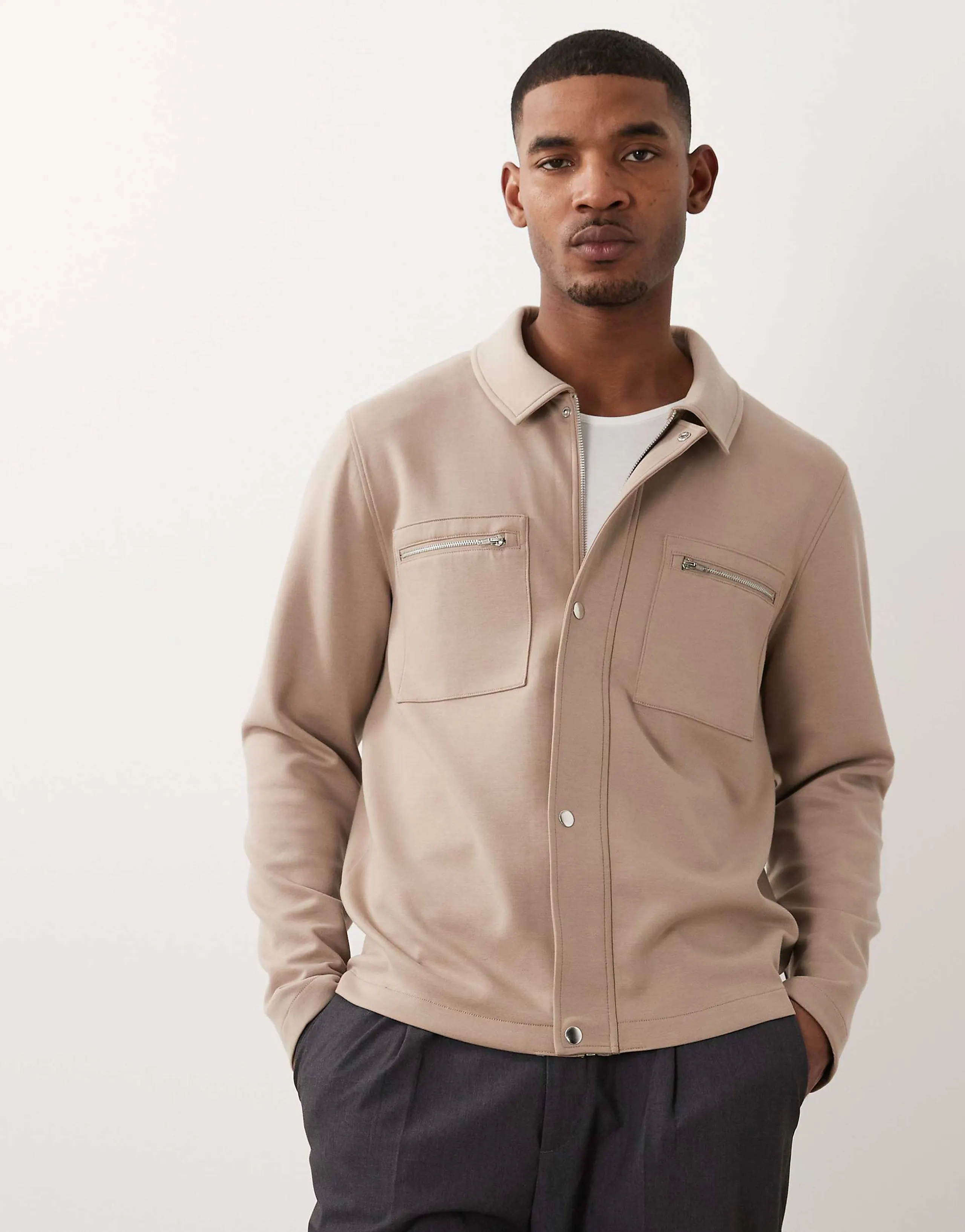 ASOS DESIGN shacket with chest pockets in beige