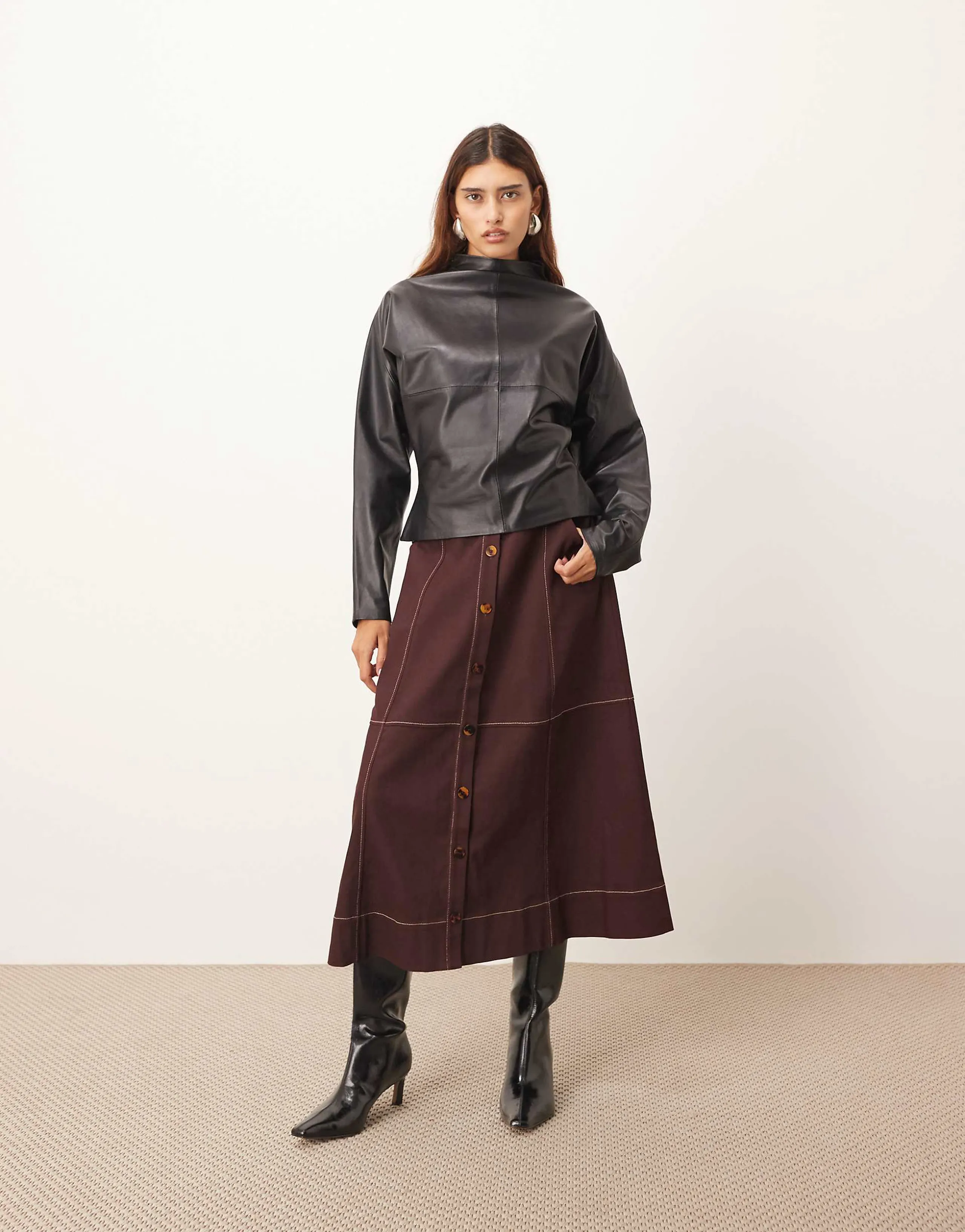 ARRANGE heavy twill full midi skirt with contrast stitching in burgundy