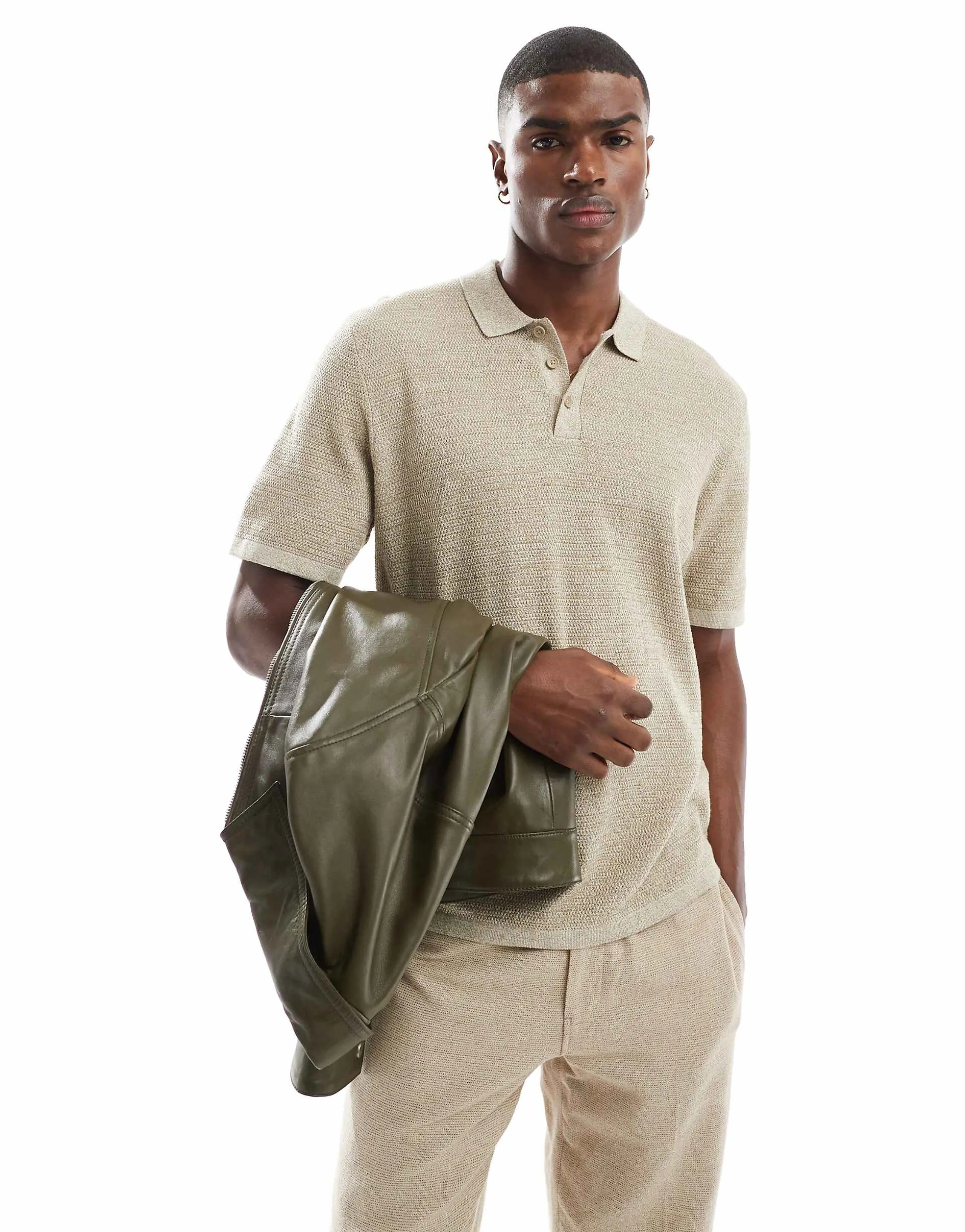 Jack & Jones textured knitted polo in beige
