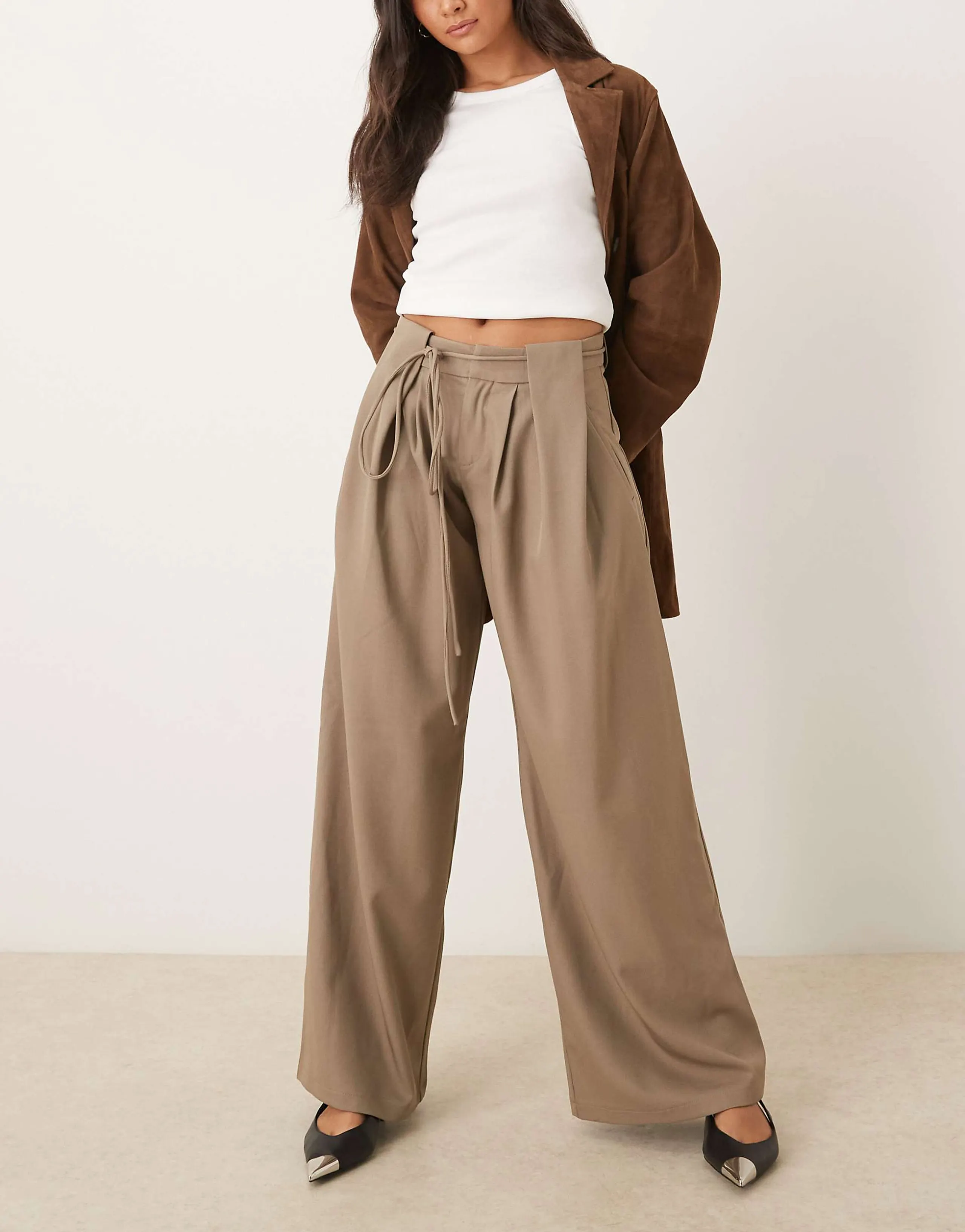 Motel Rivela tie waist wide leg tailored pants in beige 