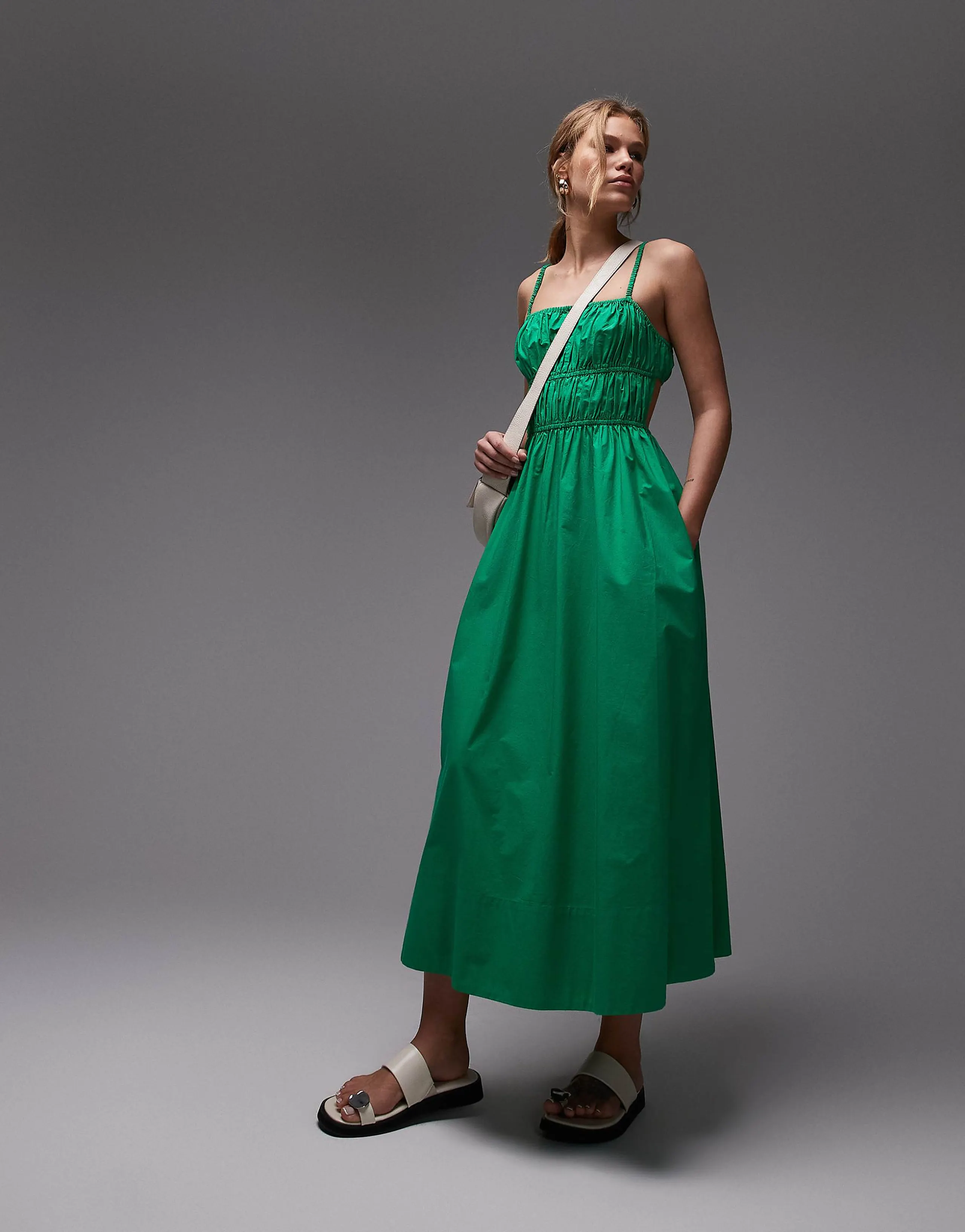Topshop shirred poplin midi dress in green
