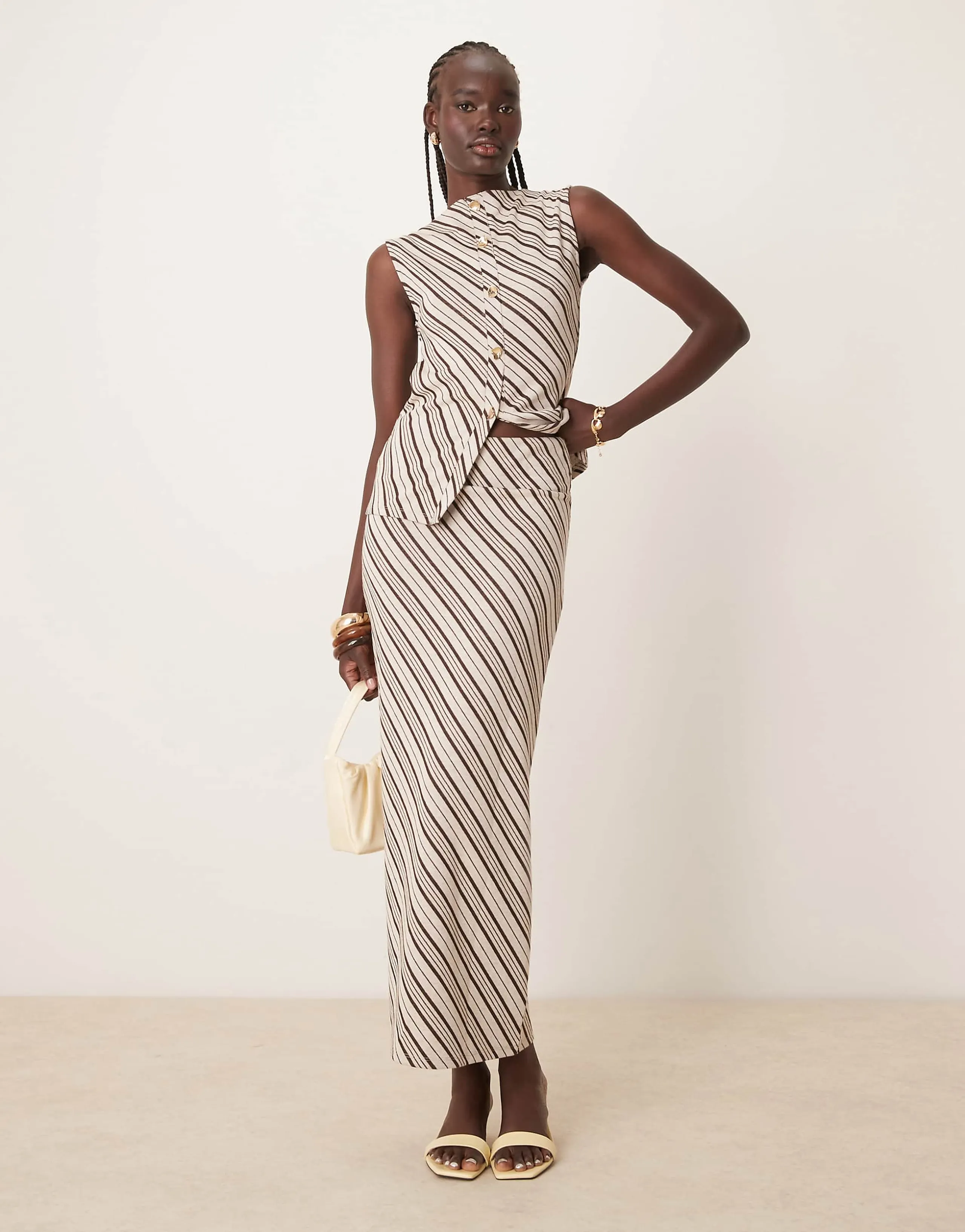 Pretty Lavish asymmetric stripe jersey maxi skirt in brown and cream - part of a set