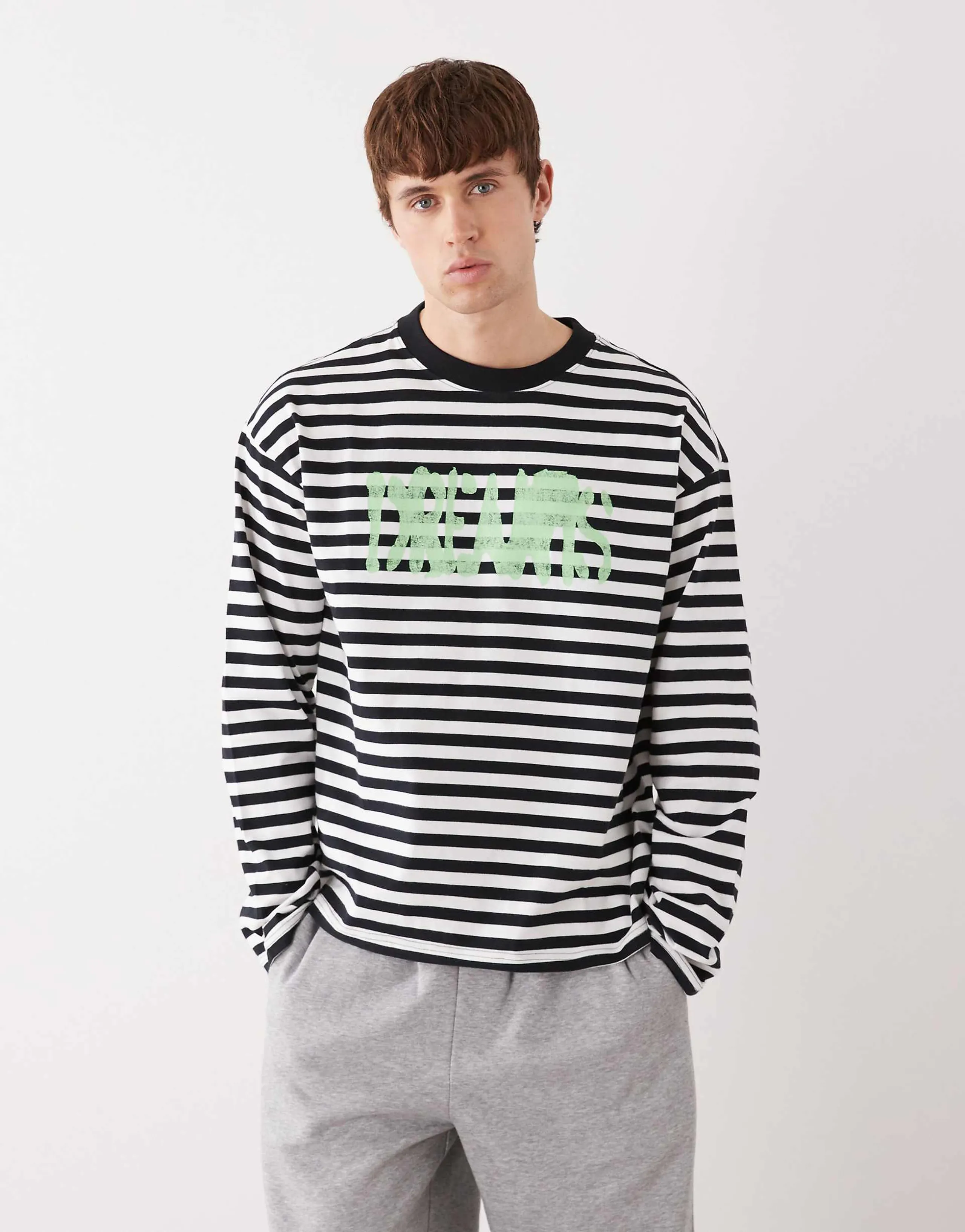 Weekday boxy oversized fit long sleeve graphic T-shirt in white striped print