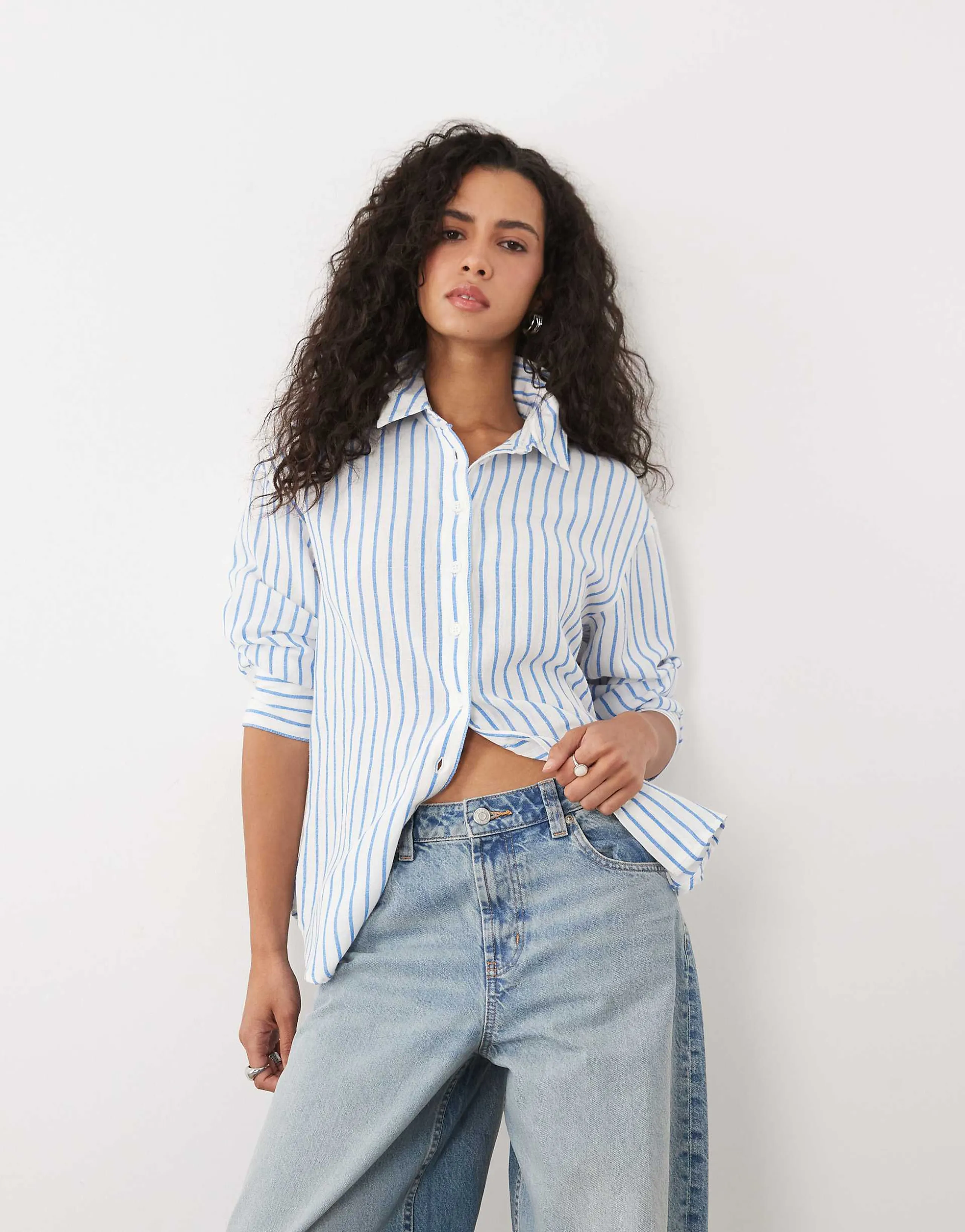 ASOS DESIGN linen blend shirt in blue stripes