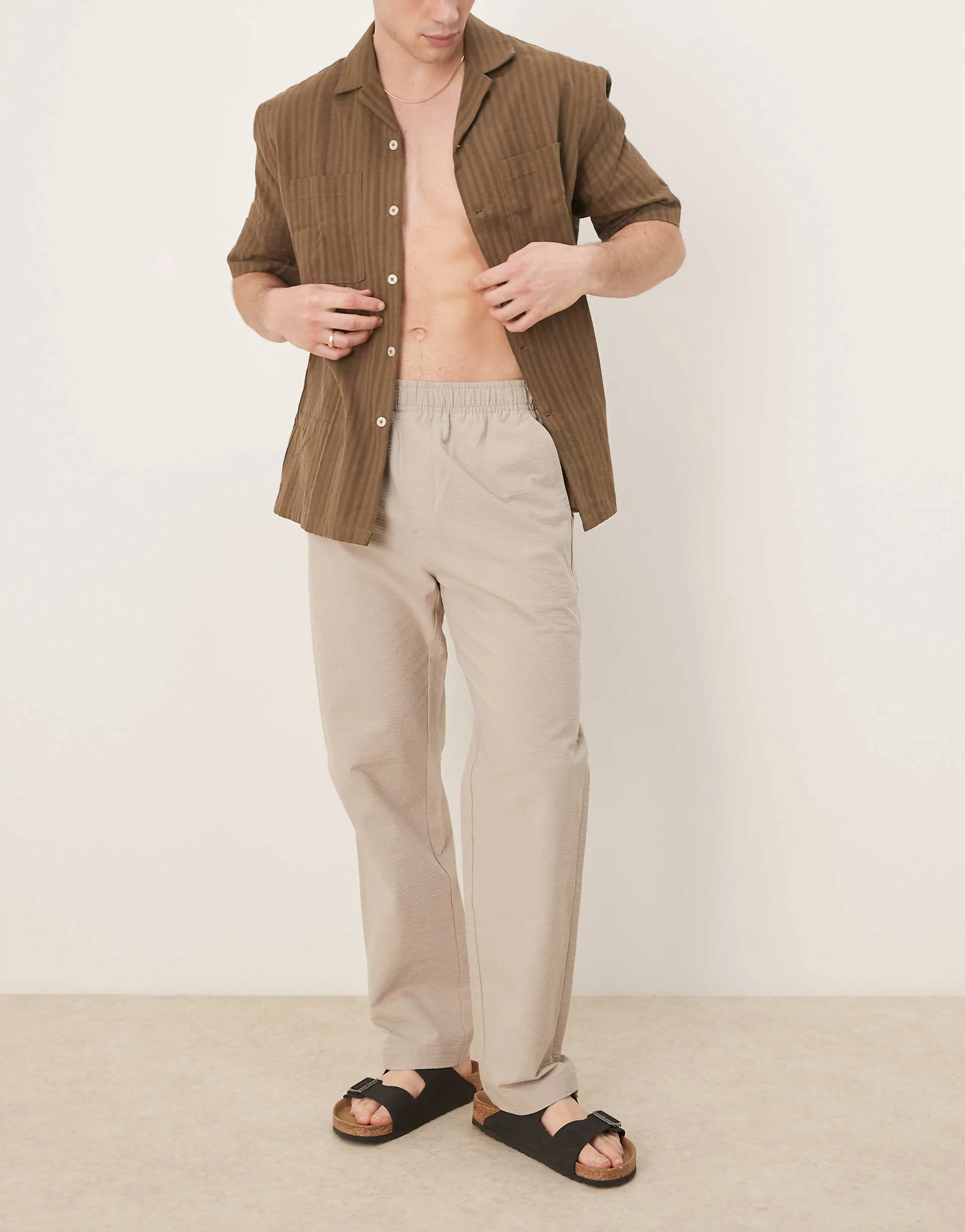 Selected straight fit seersucker pants in cream 