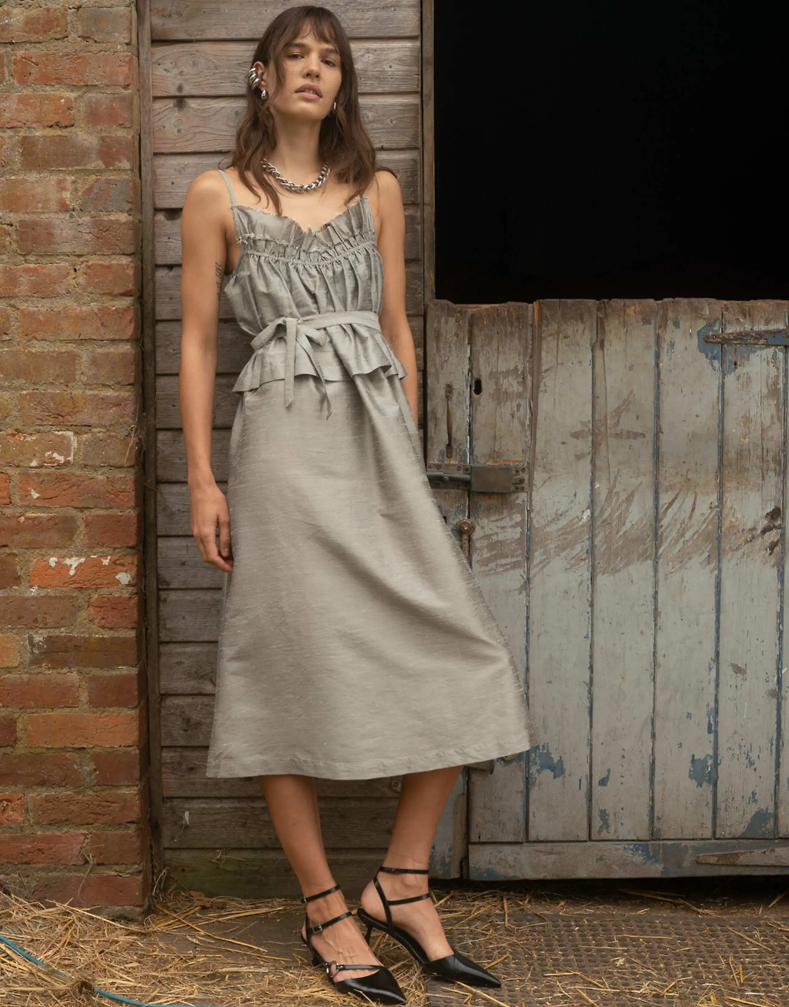 Muse Assembly ruched taffeta midaxi dress in sage