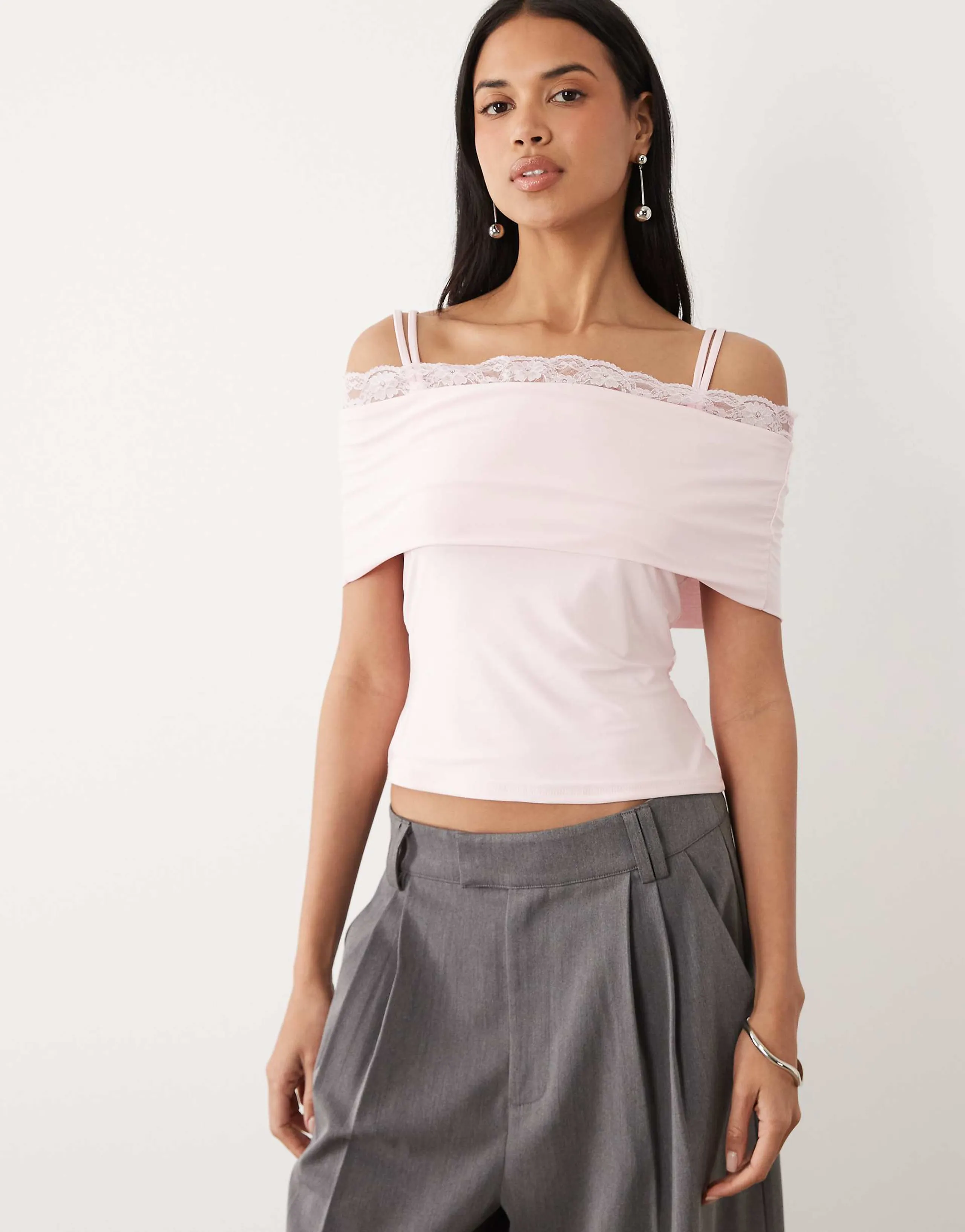 ASOS DESIGN slinky lace trim bandeau top with straps in pink