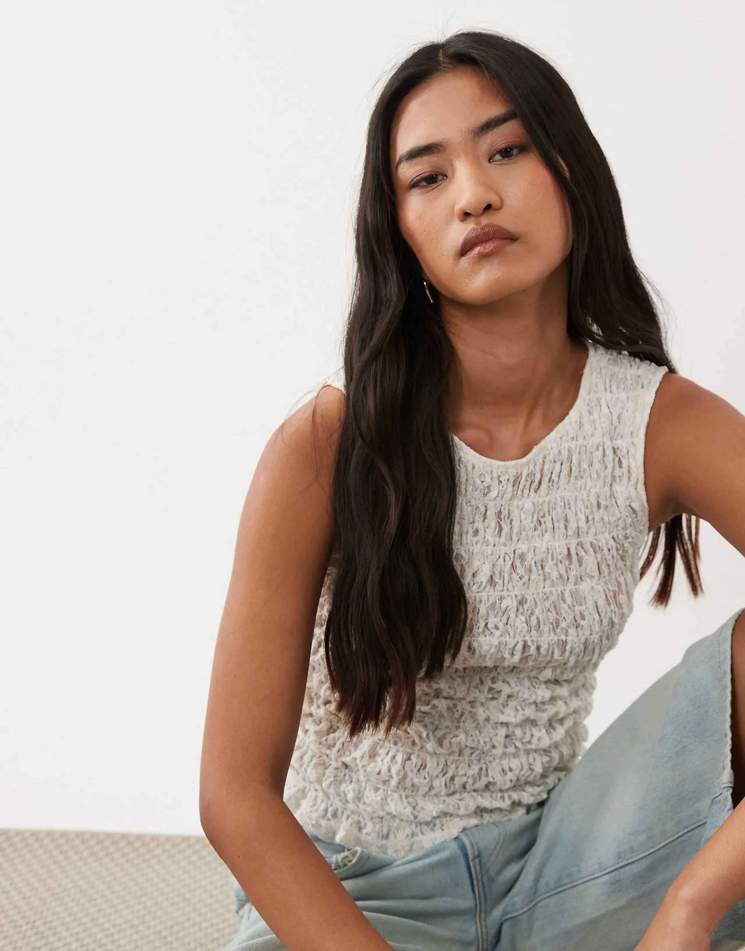 Miss Selfridge shirred lace top in cream