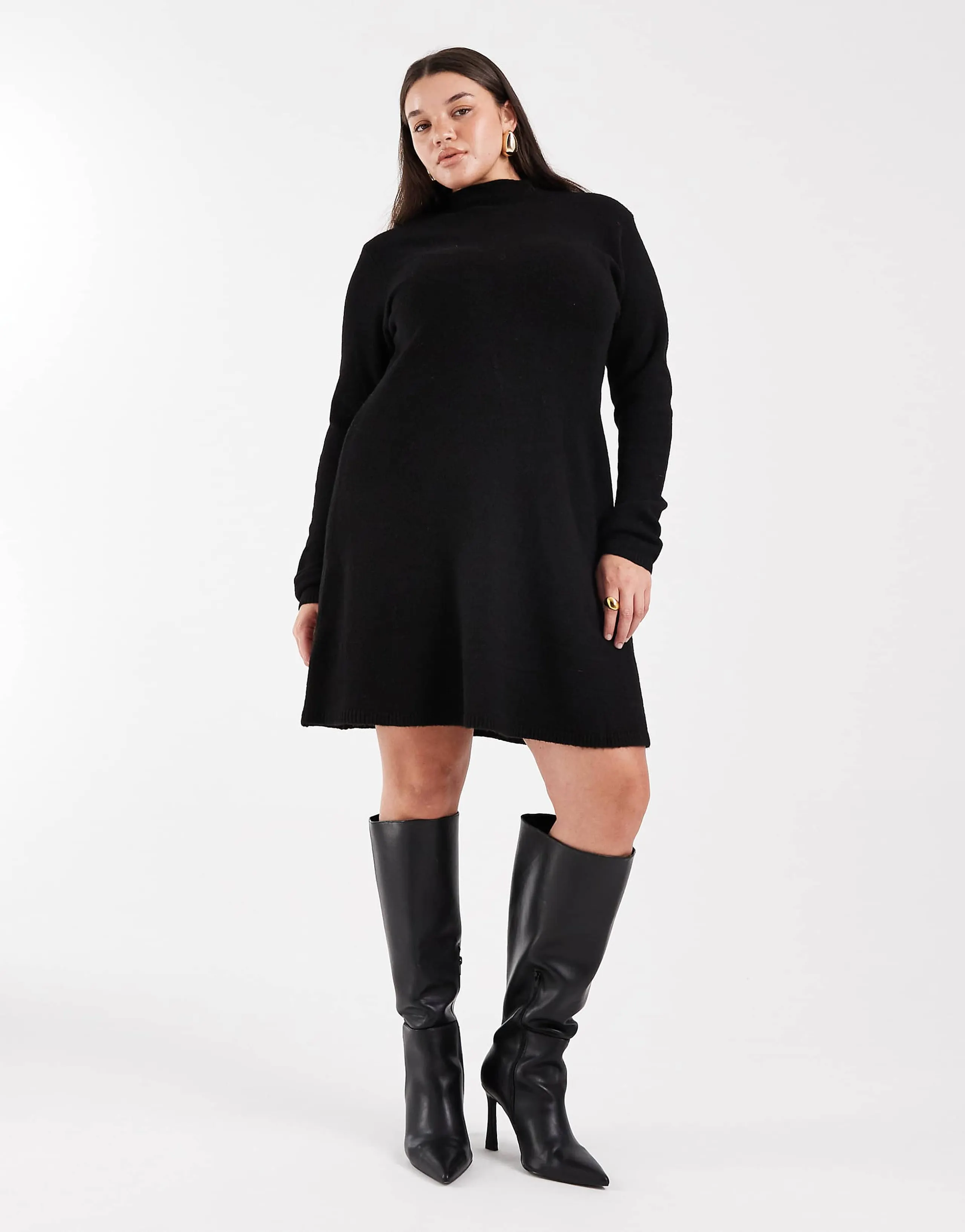 Pieces Curve long sleeve knit mini dress in black