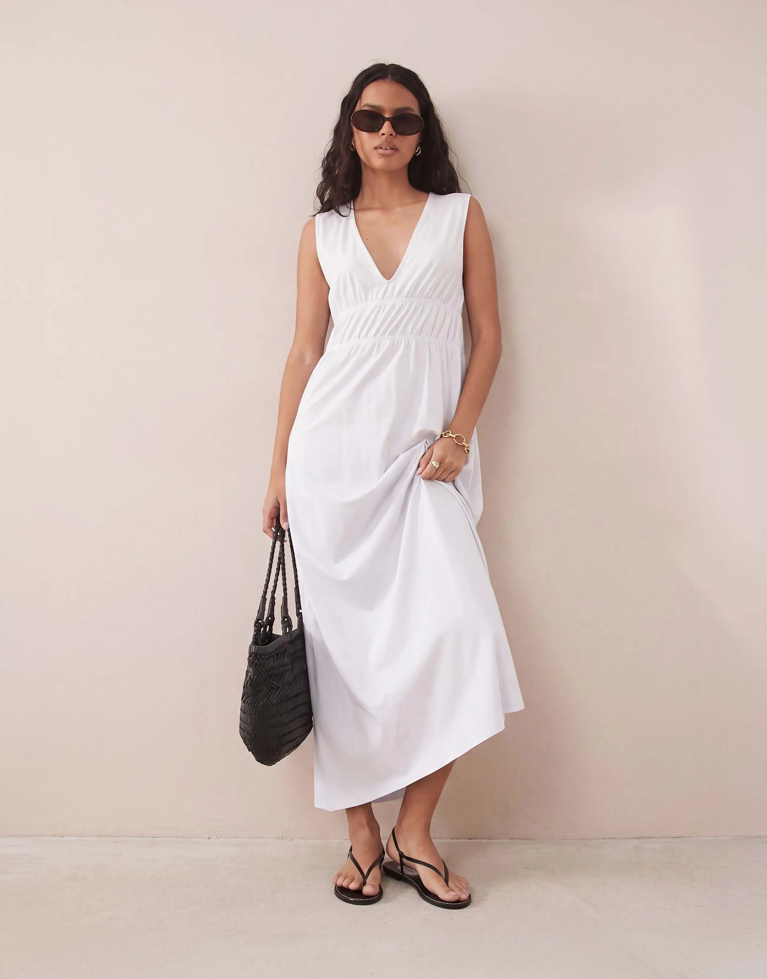 ASOS DESIGN ruched bodice plunge maxi dress in white