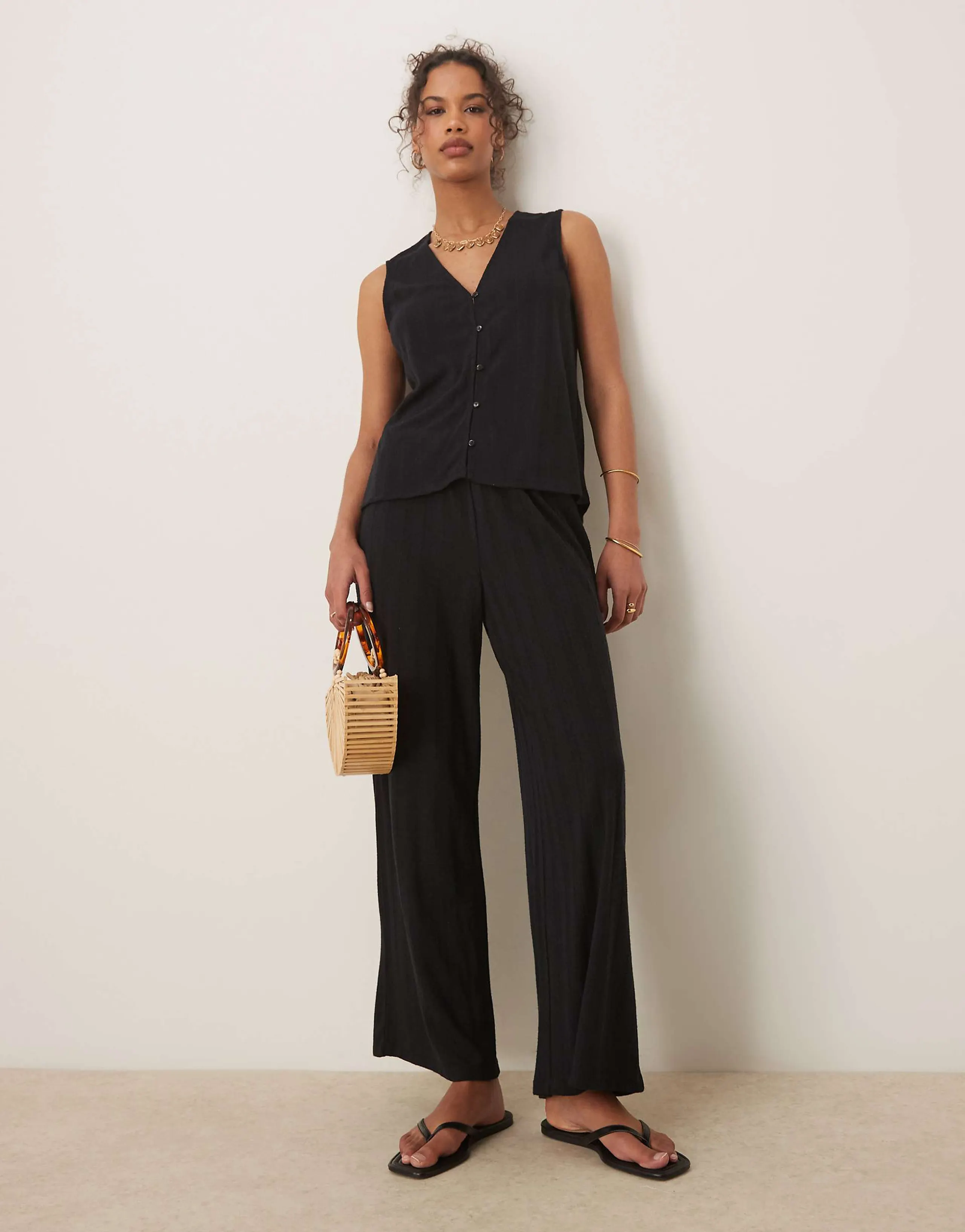 Vila lightweight knit wide leg pants in black - part of a set