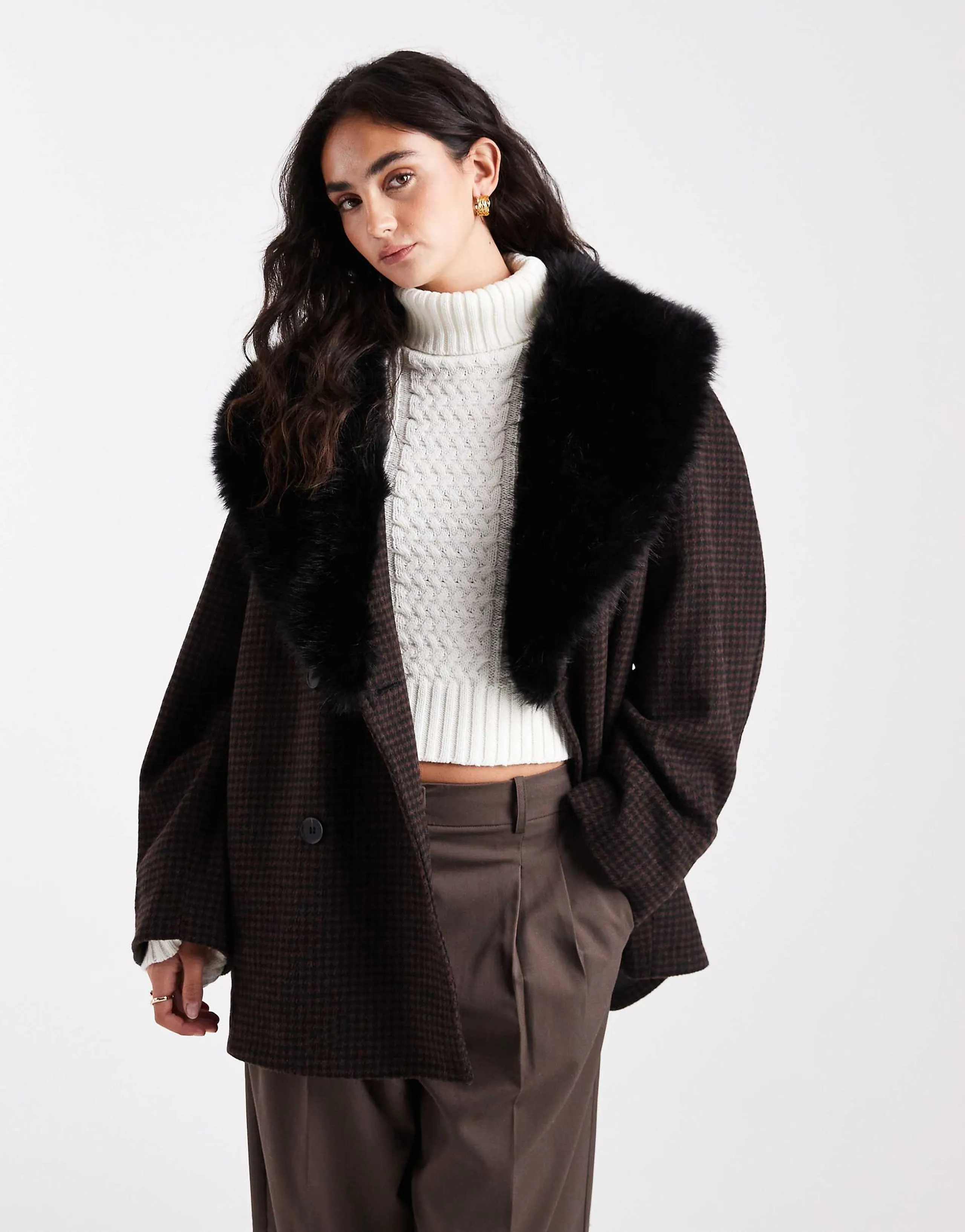 ASOS DESIGN wool blend oversized pea coat with faux fur collar in heritage plaid
