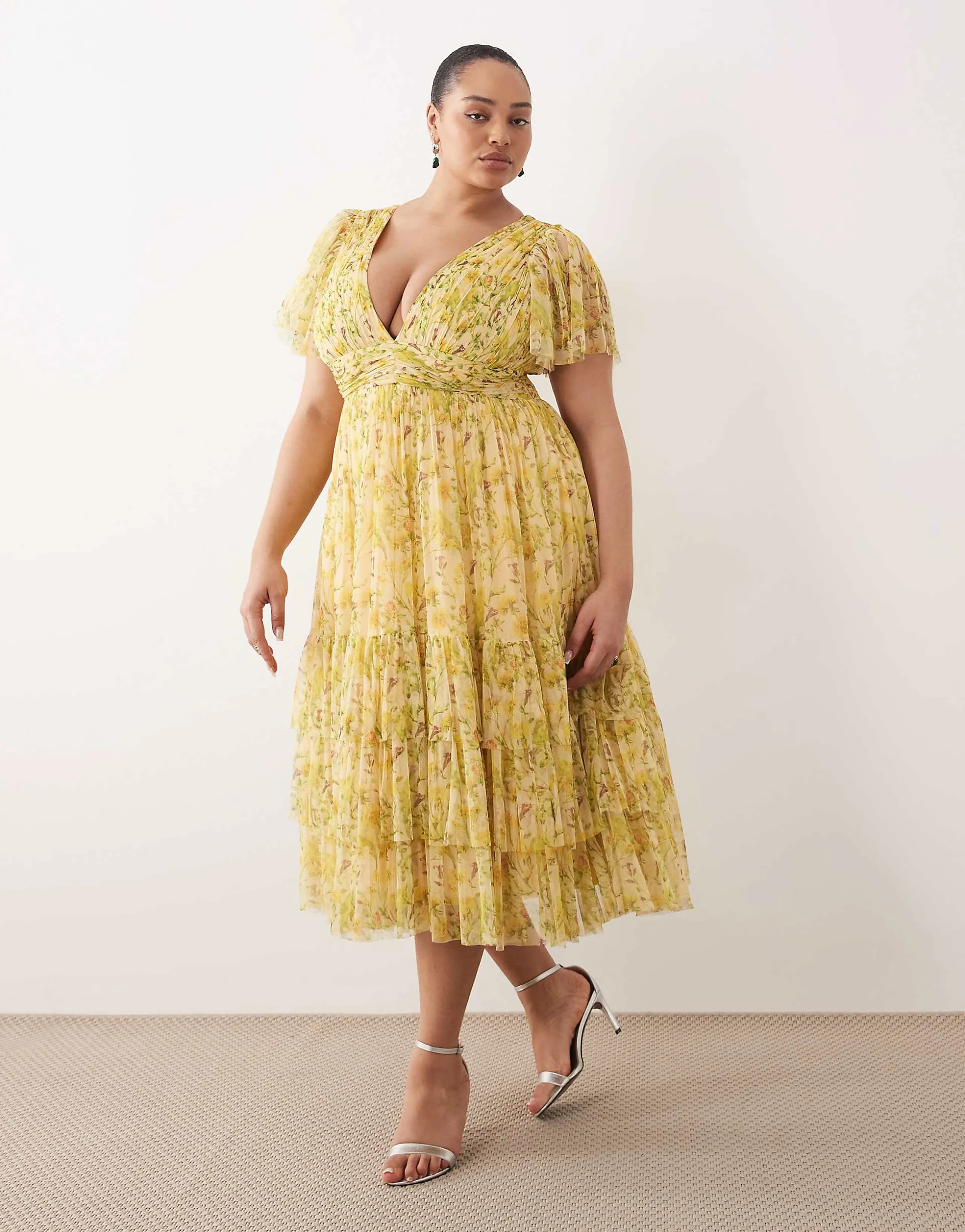 Lace & Beads Madison Plus midi dress in yellow floral