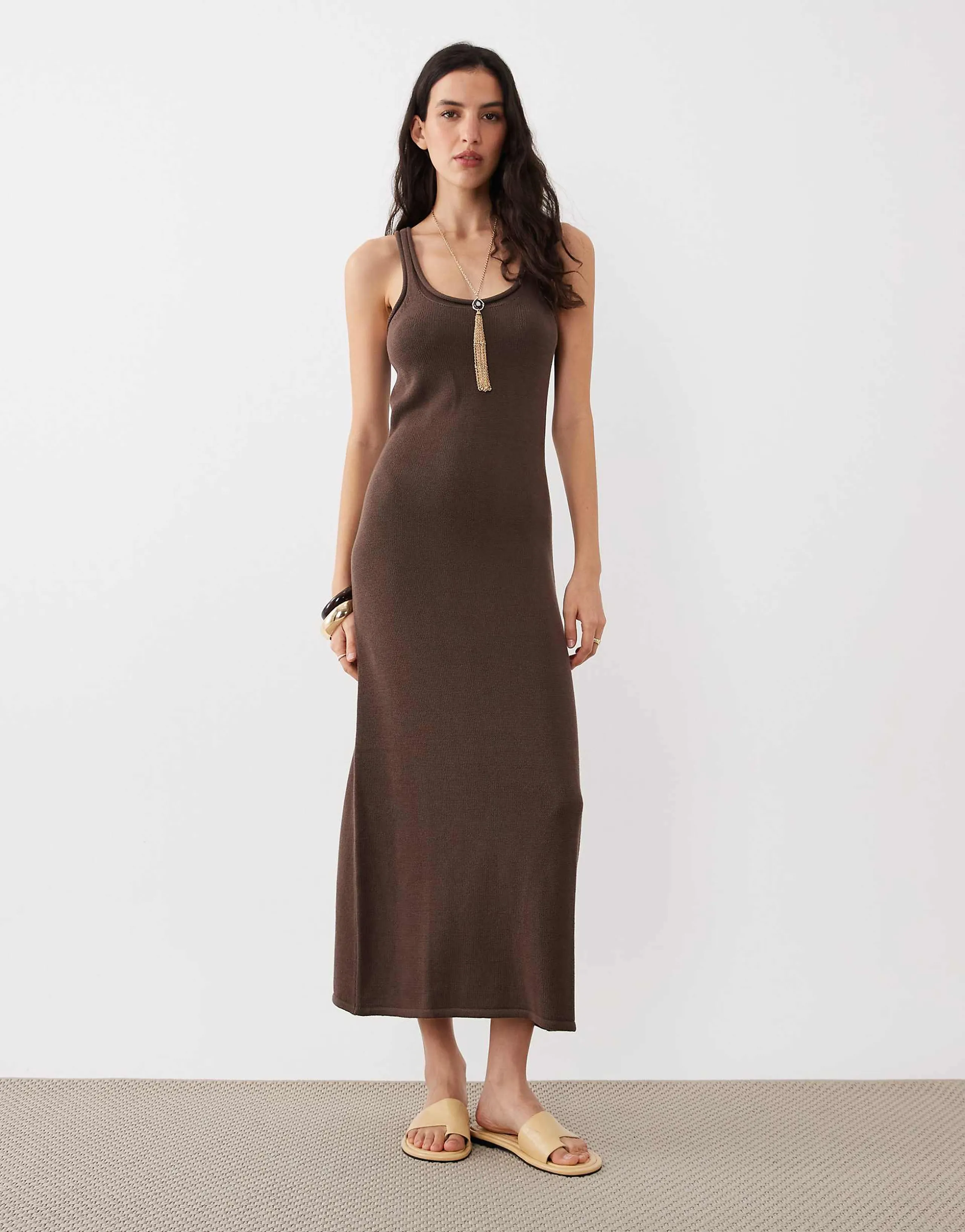 ASOS DESIGN knit cotton blend u-scoop midaxi dress in chocolate