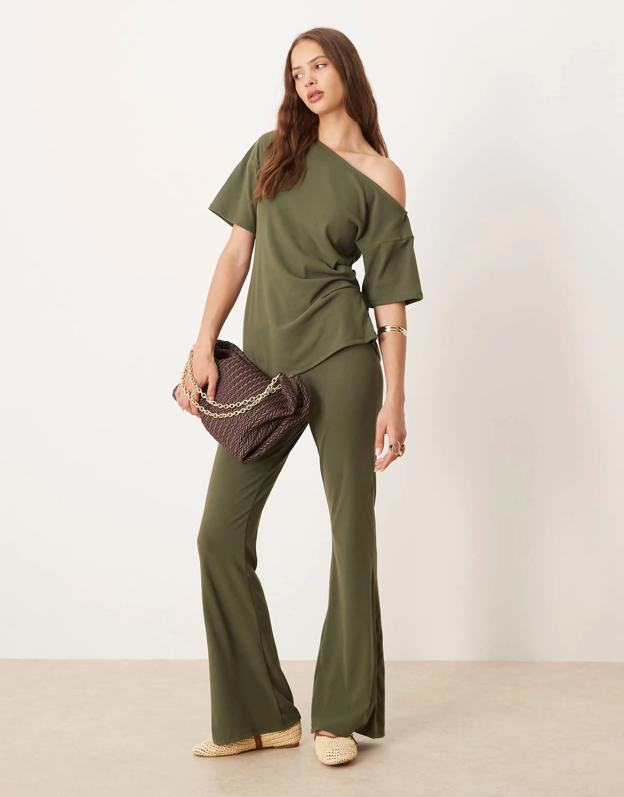 ASOS DESIGN brushed fine rib wide leg pants in khaki - part of a set
