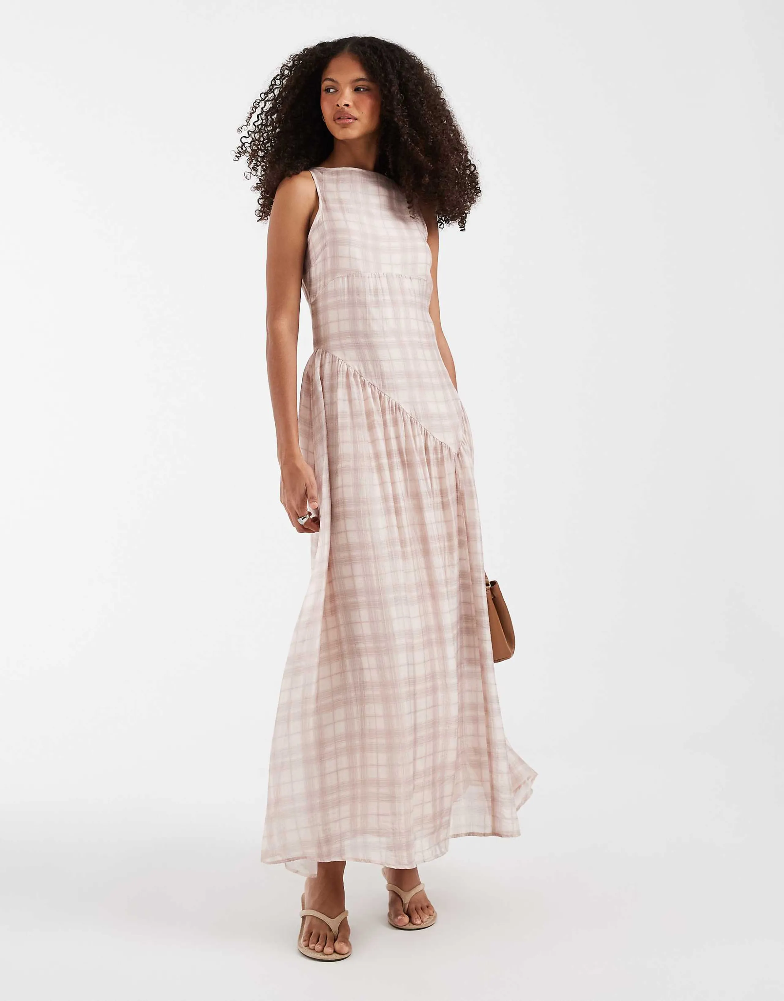 ASOS DESIGN slash neck midi dress with asymmetric hem in cream plaid