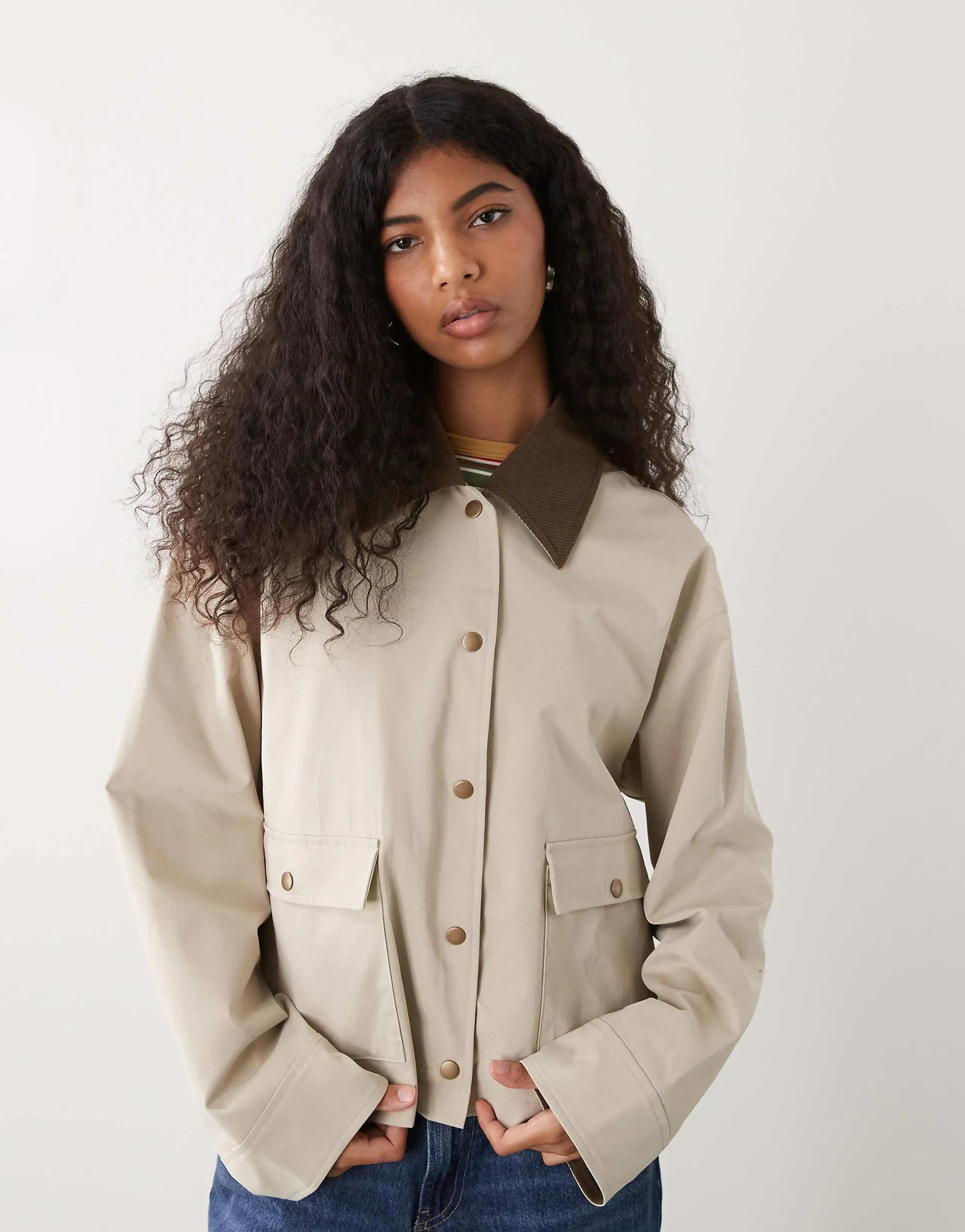 Noisy May contrast collar lightweight barn jacket in stone