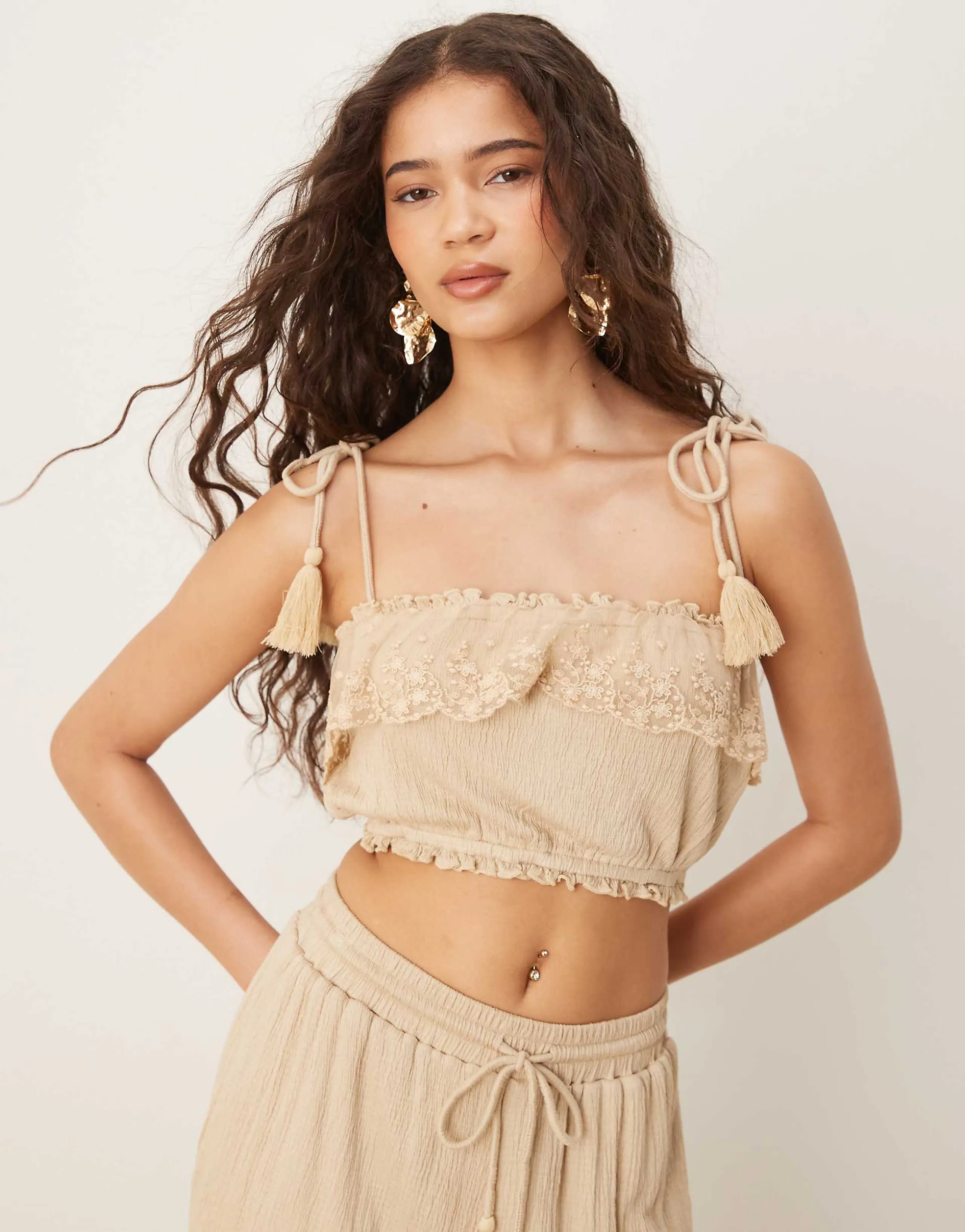 ASOS DESIGN crinkle tie shoulders lace trim bralette top in stone - part of a set