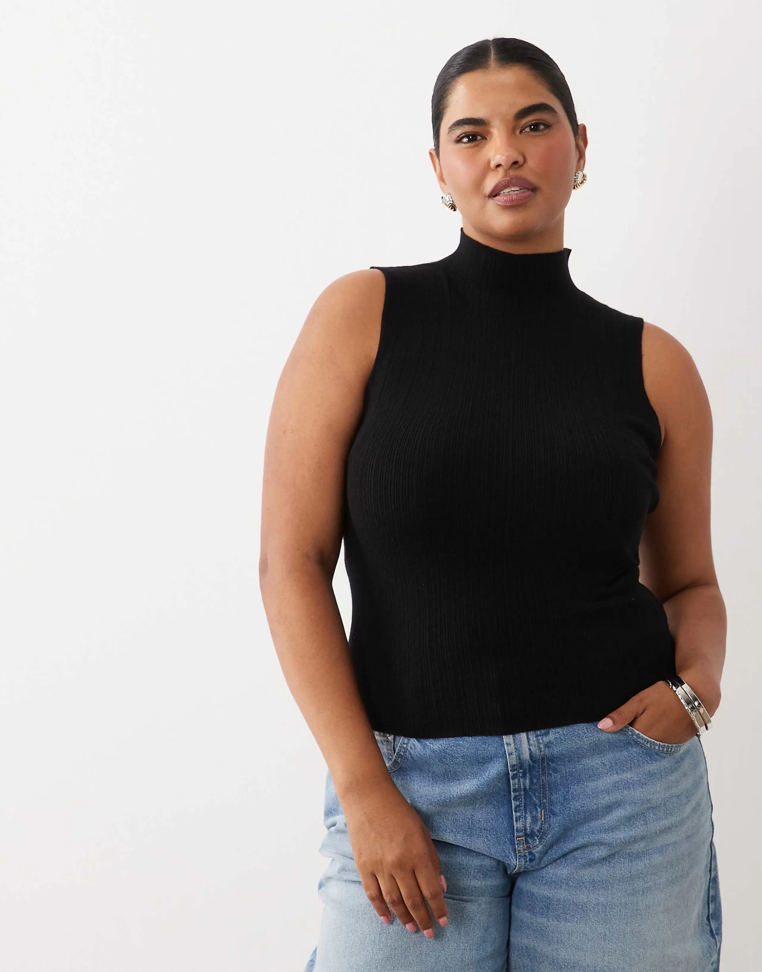ASOS DESIGN Curve variegated rib knit sleeveless funnel neck top in black