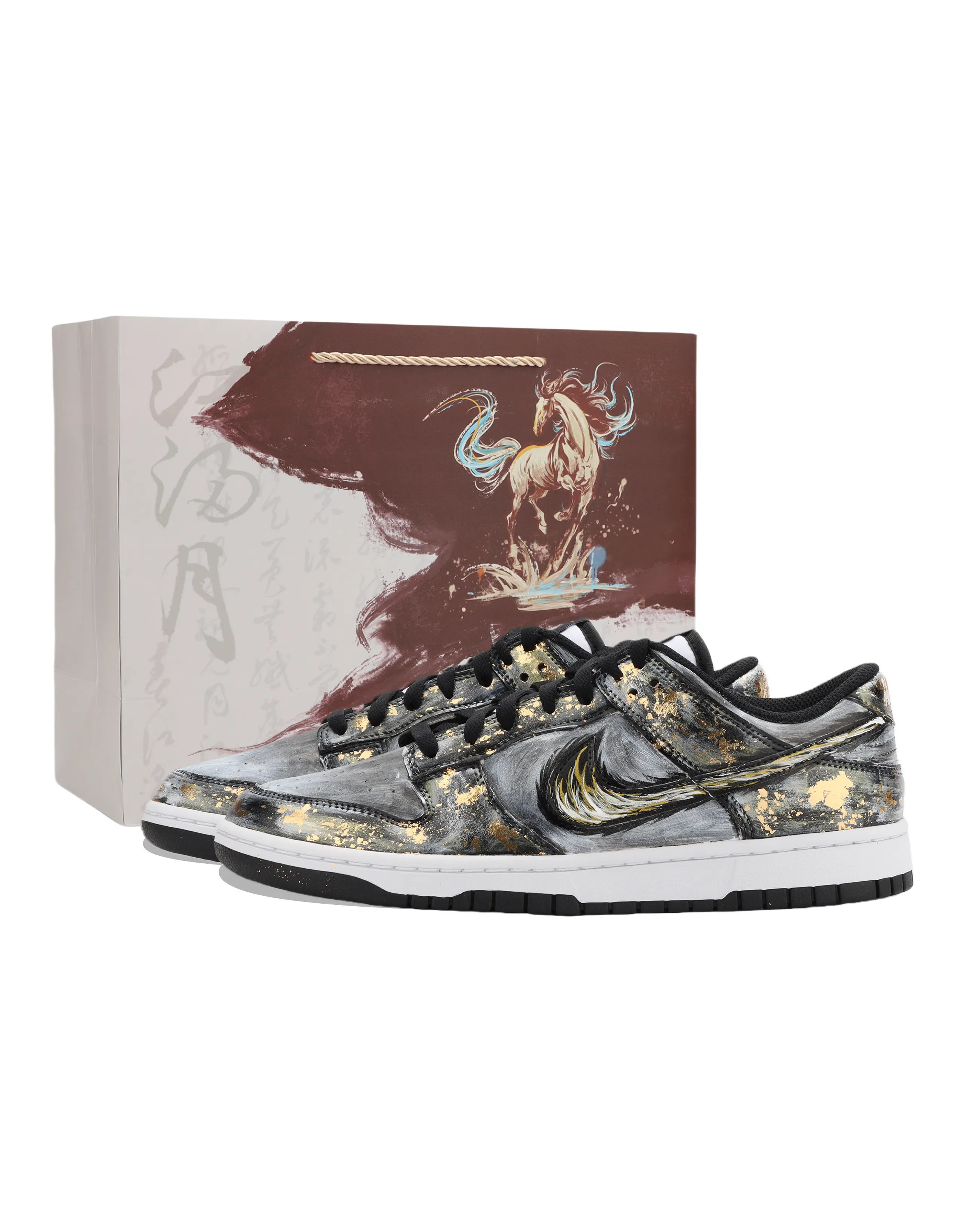 [Custom Sneakers] Nike Dunk Moonlit River Gold Rush Flame Burned Vintage Gold Foil Vibe Style Low-Top Sneakers Unisex Black Gold