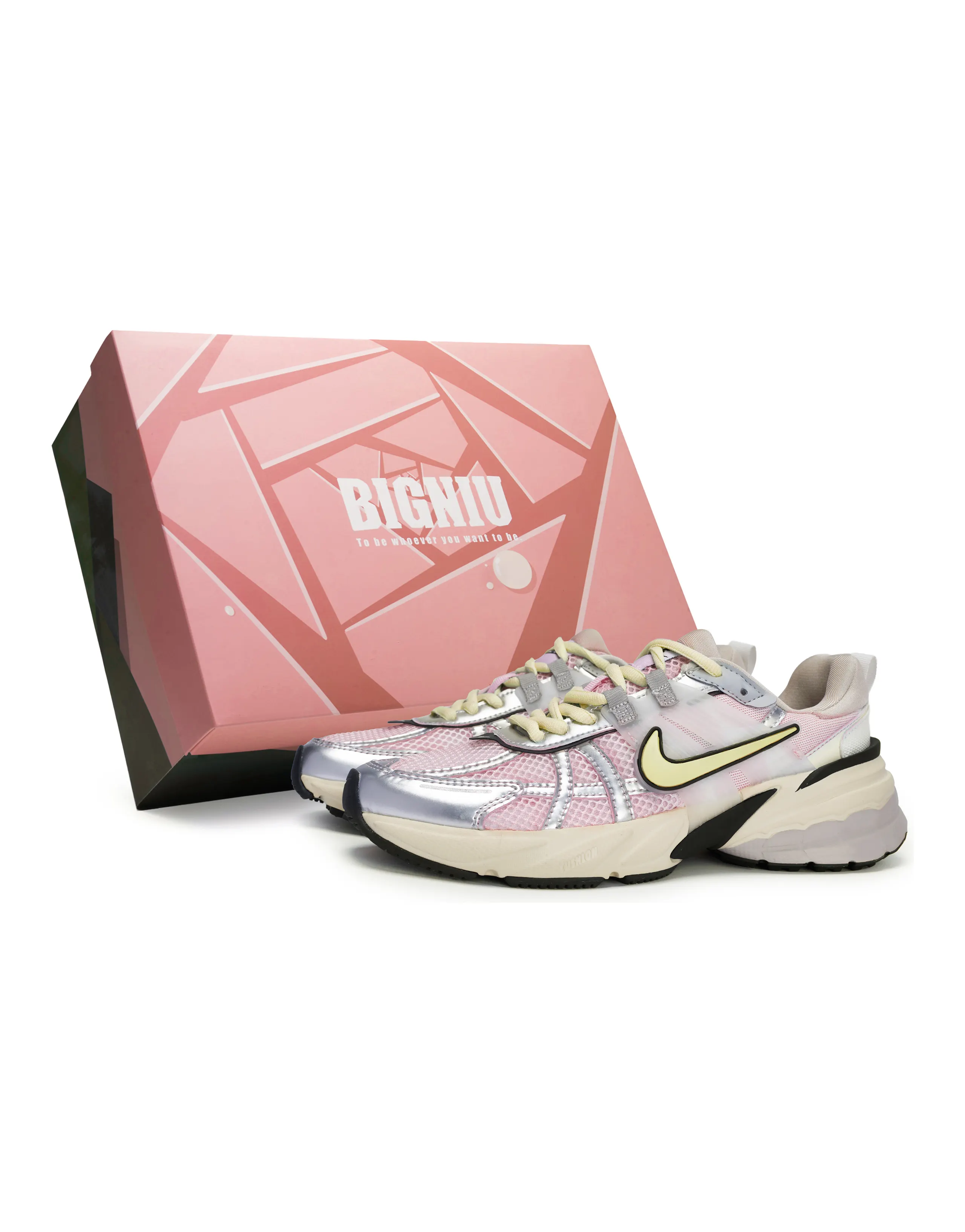 Nike V2K Run Anti-Slip Wear-Resistant Low-Top Casual Running Shoes Women's Silver Pink Yellow