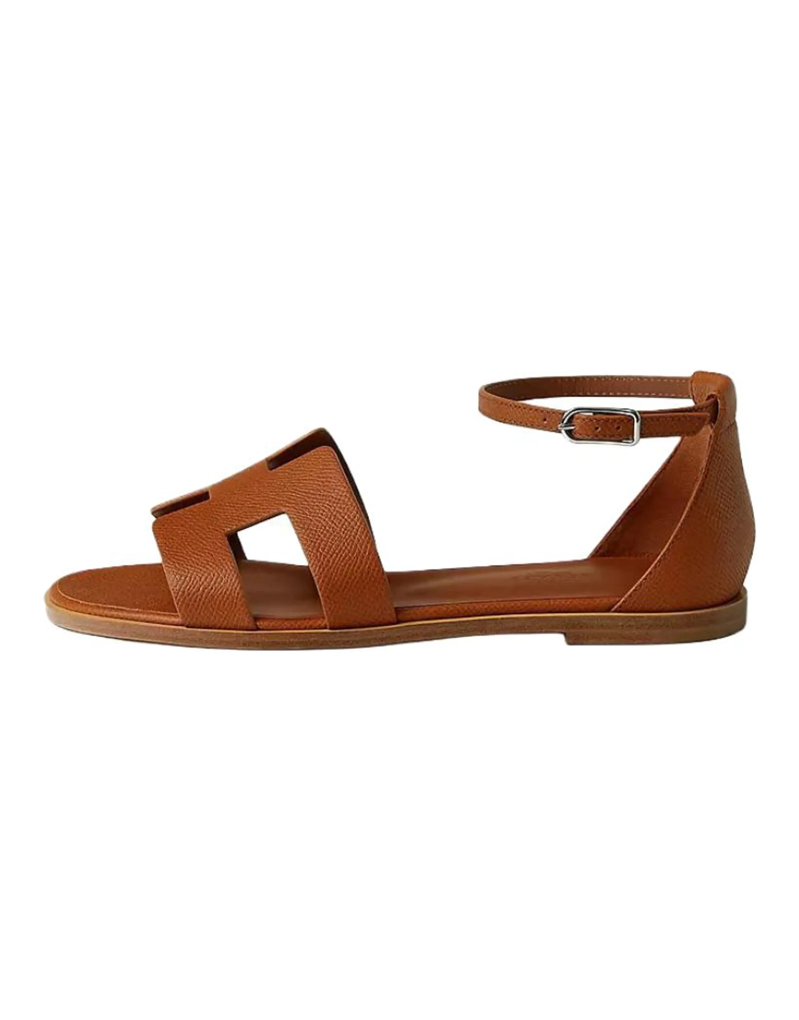 HERMES Santorini Calfskin Round Toe Buckle Flat Single-Strap Sandals Women's Brown