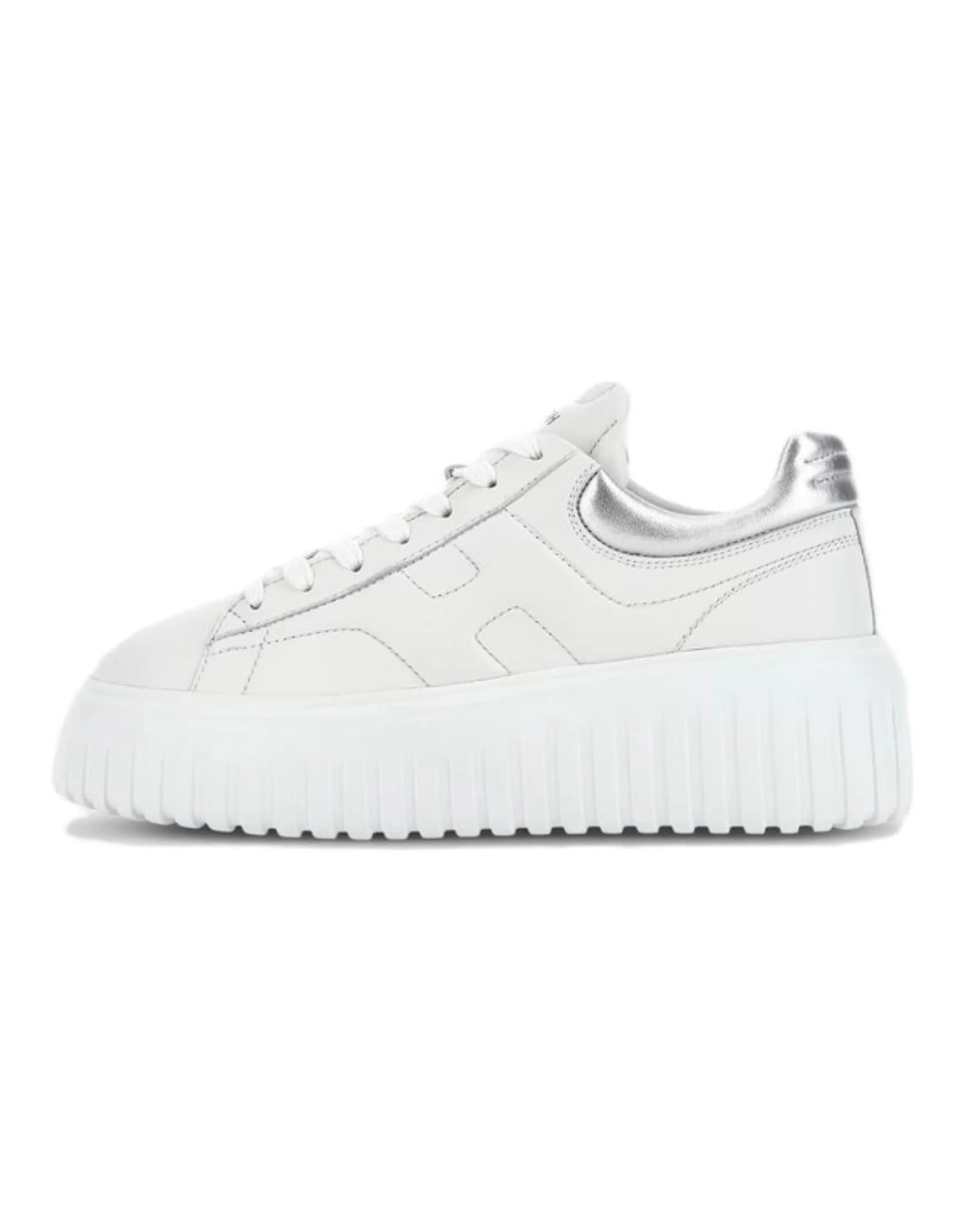 HOGAN H-Stripes Lambskin Leather Round Toe Lace-Up Low-Top Sneakers Women's Silver White