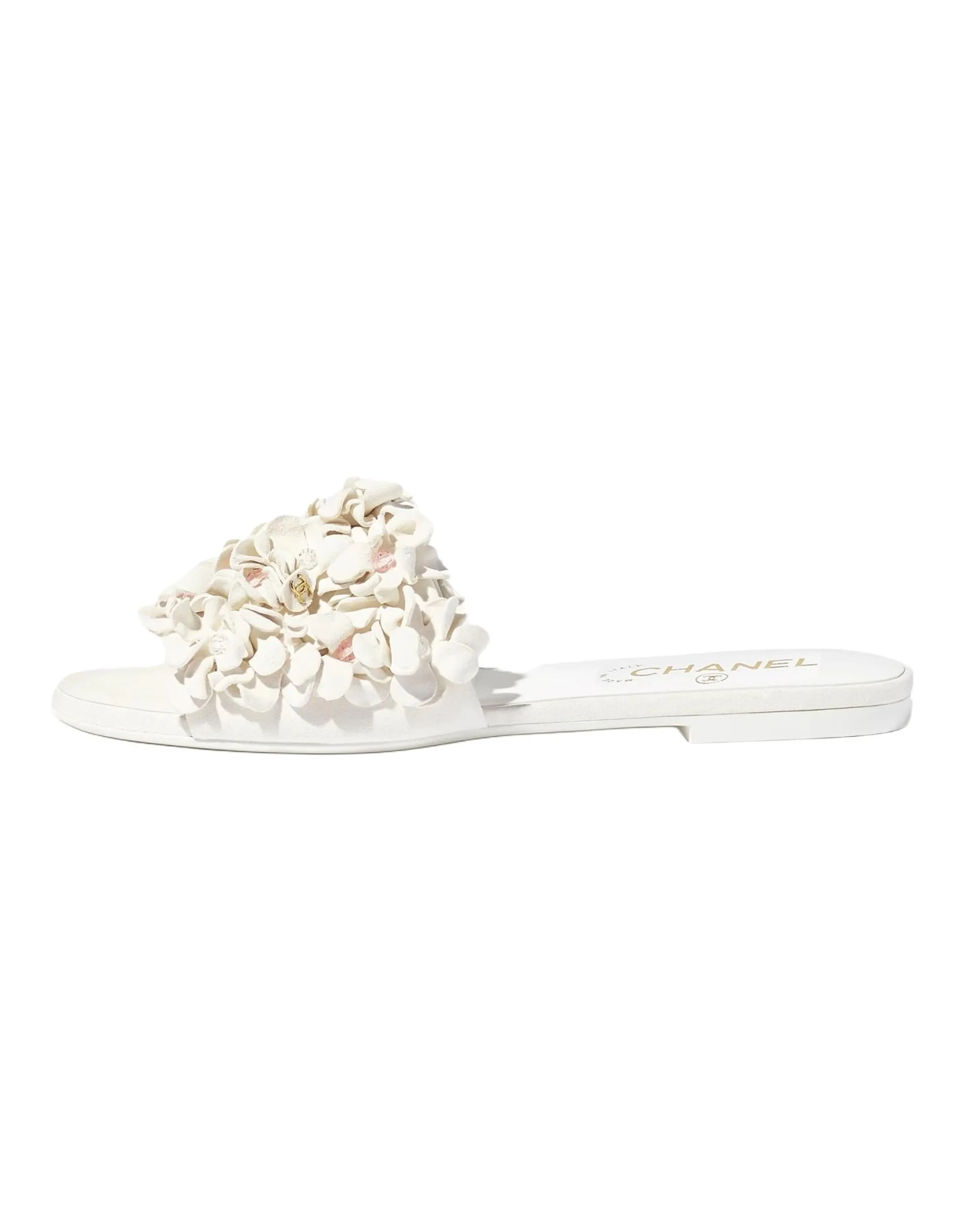 CHANEL 25P Kidskin Leather Round Toe Open-Toe One-Strap Slides Women's White