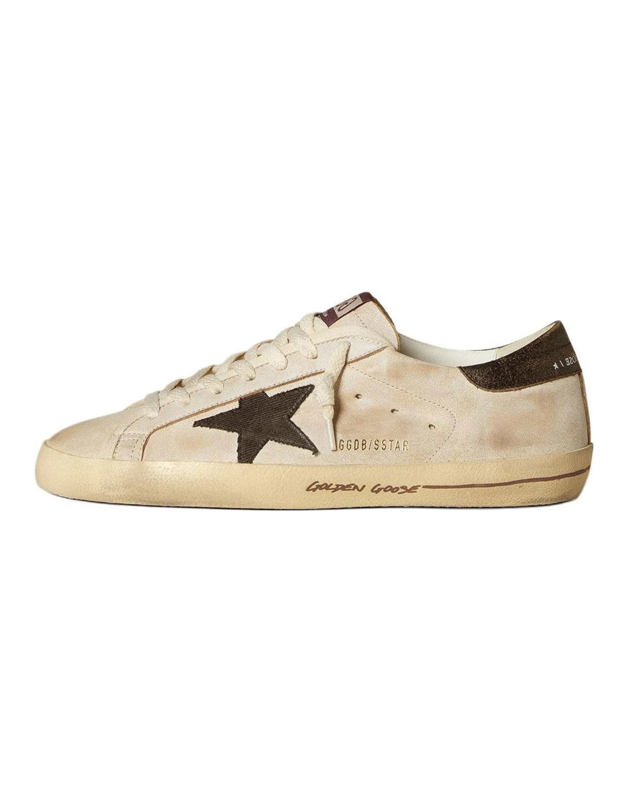 Golden Goose Super-Star Leather Cotton Denim Star Pattern Low-Top Sneakers Men's Beige