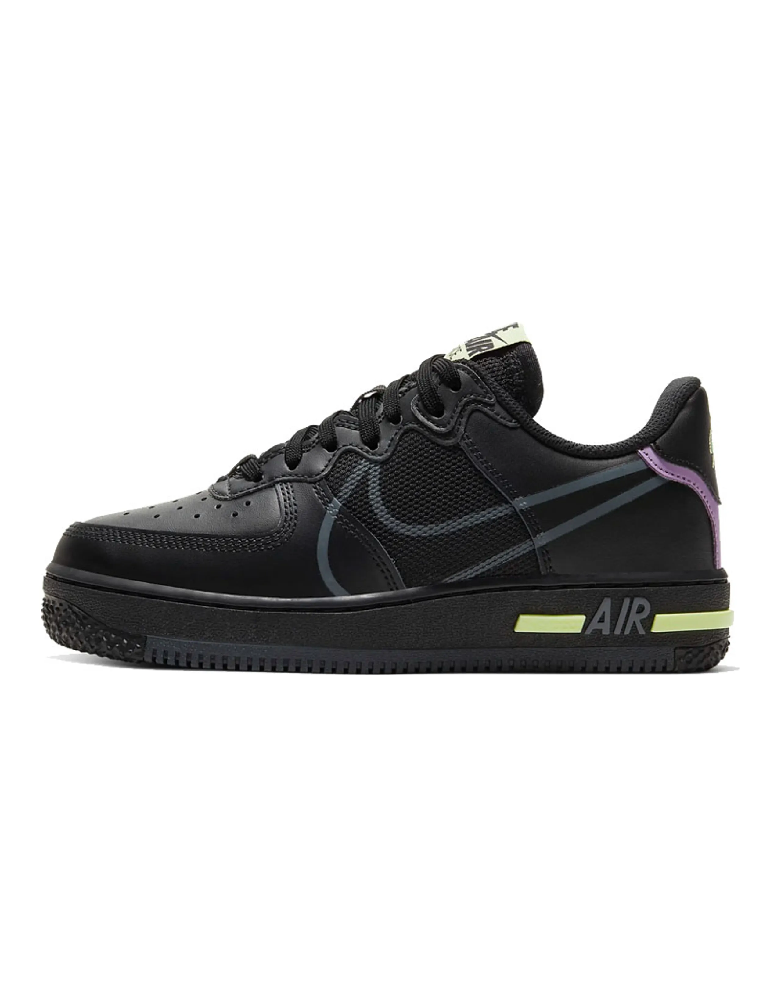Nike Air Force 1 Low React Black Violet Star Barely Volt GS
