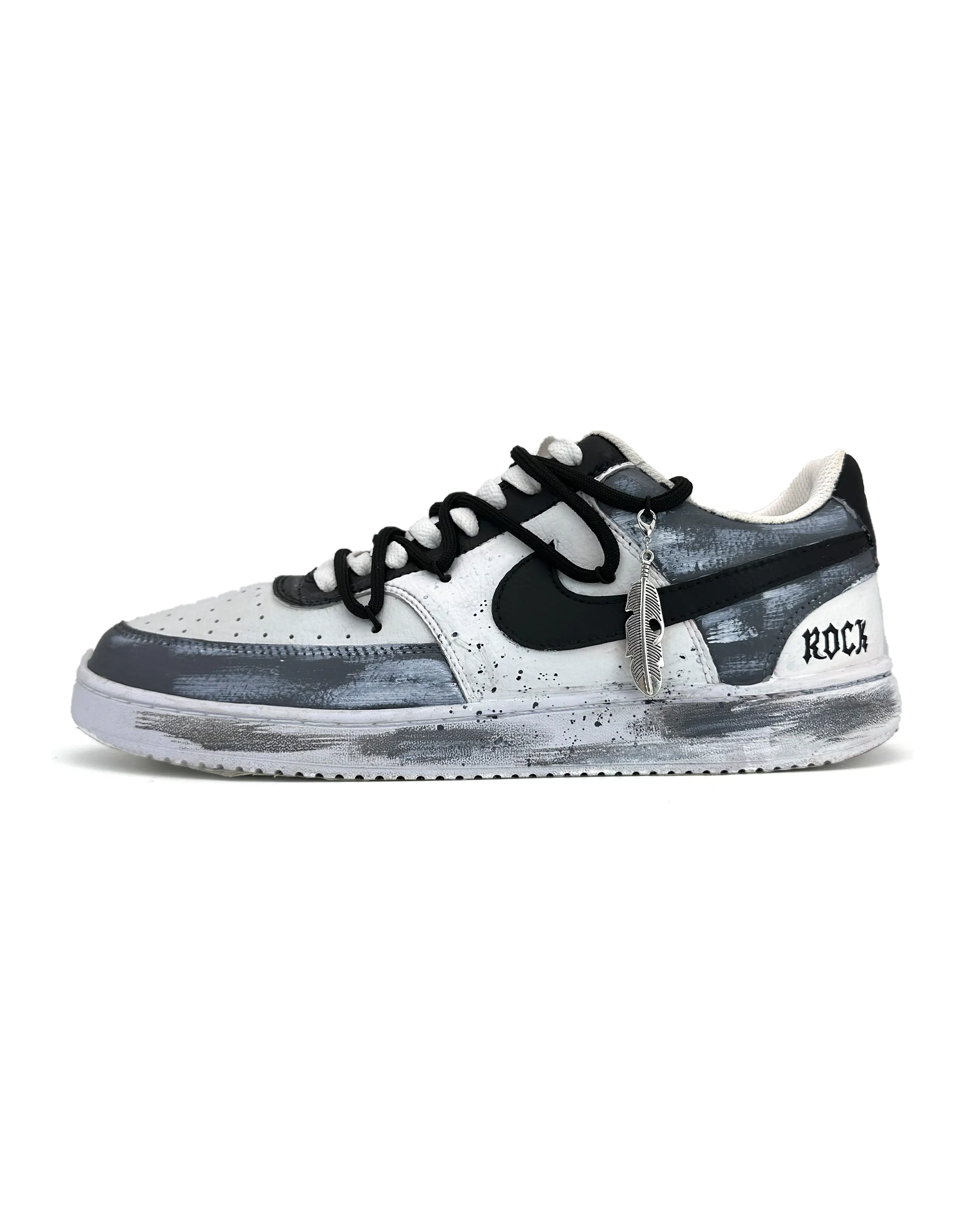 Nike Court Vision 1 Custom 'Silver Feather Rock' High Street Retro Gothic Trendy Wear-Resistant Low-Top Sneakers Unisex Black Grey