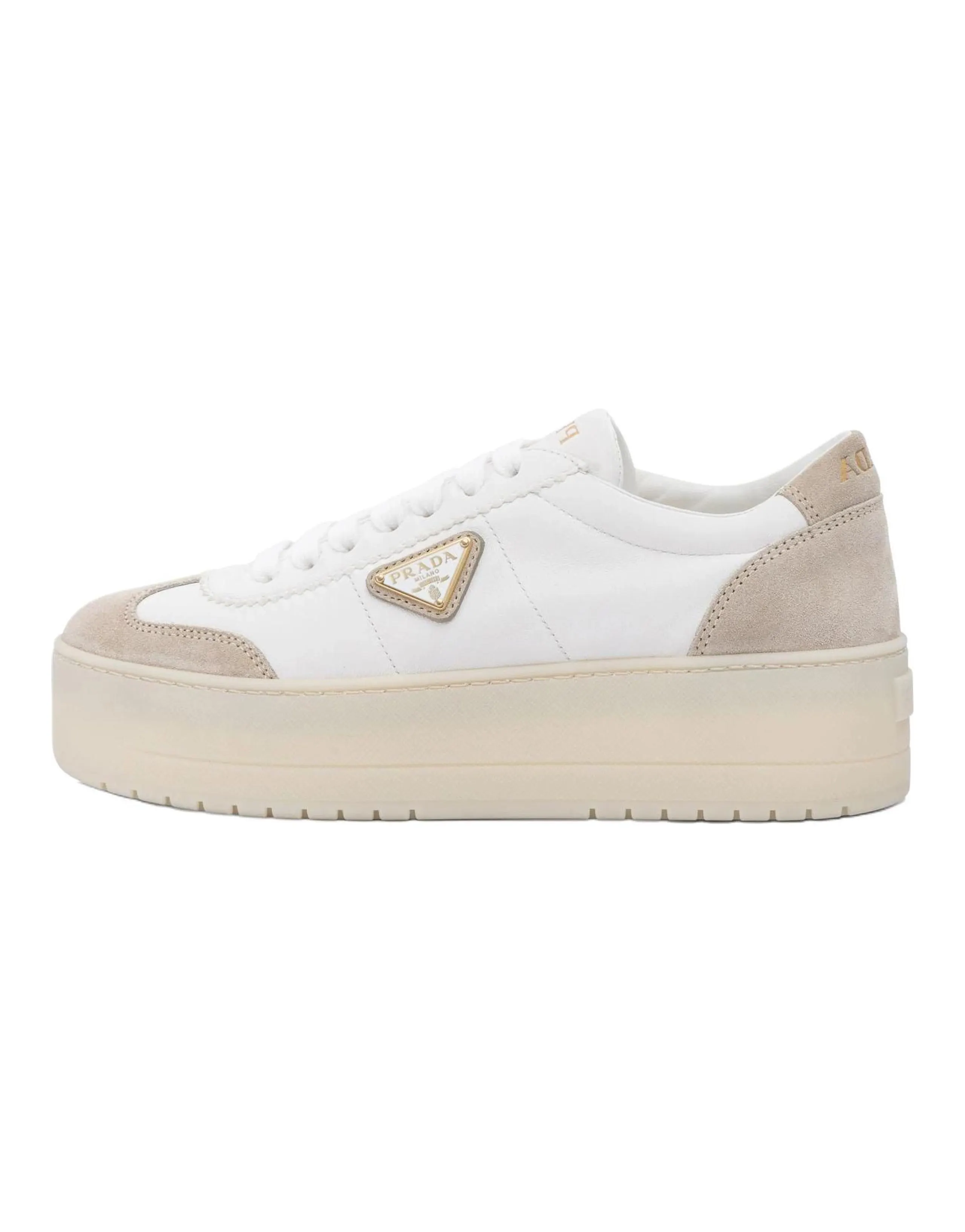 PRADA Prada Downtown Leather Suede Round Toe Platform Low-Top Sneakers Women's Beige