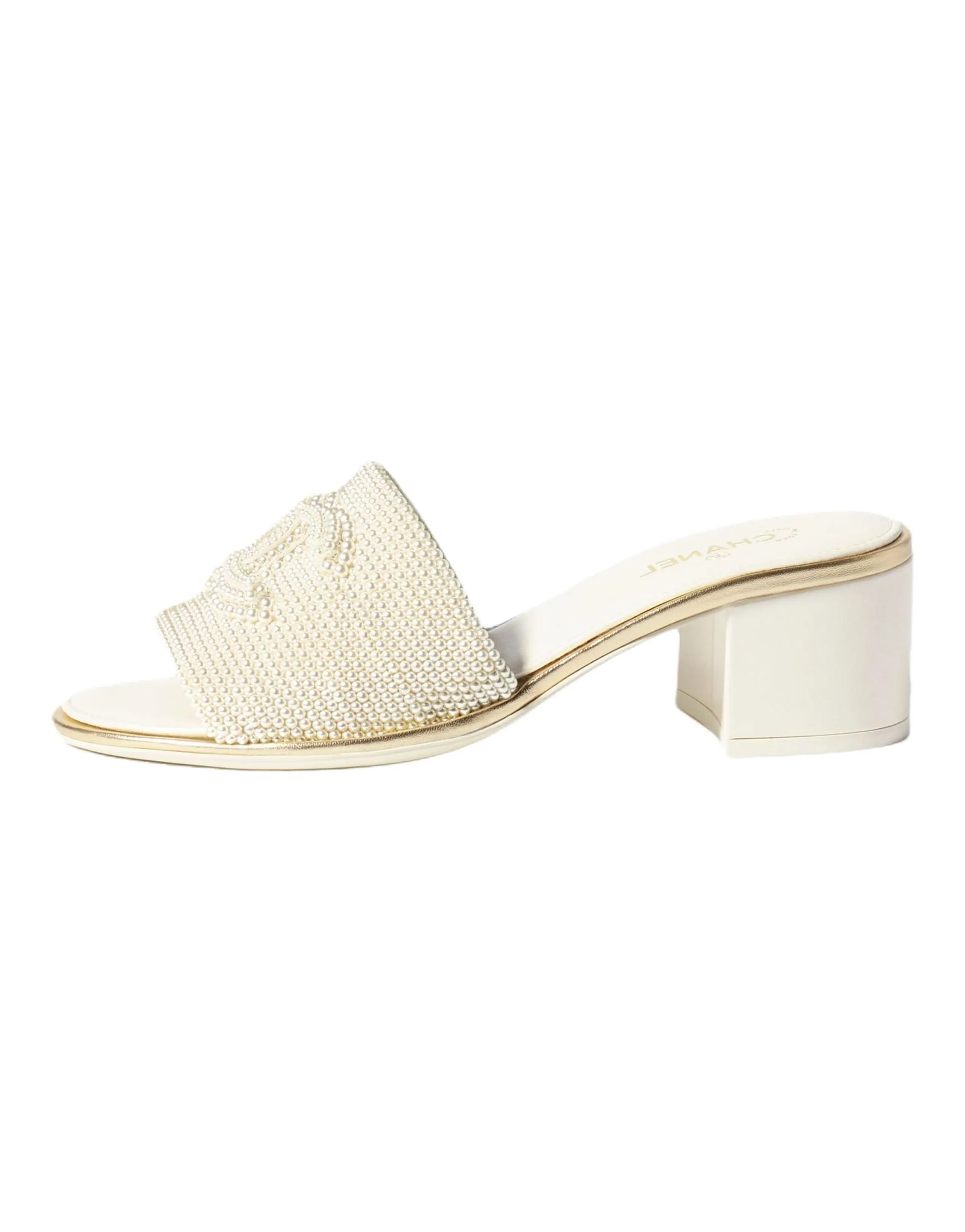CHANEL 25A Mademoiselle Pearl Embellished Round Toe Block Heel Mule Slides 5cm Women's Ivory White