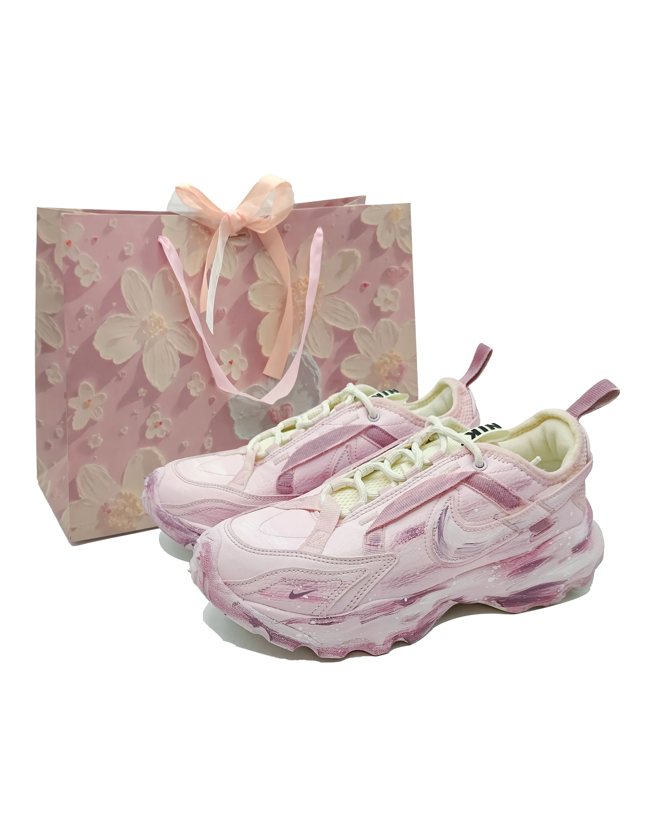 Custom Sneakers Nike TC 7900 'Gift Bag' Distressed Splatter Low-Top Casual Shoes Women's Sakura Pink