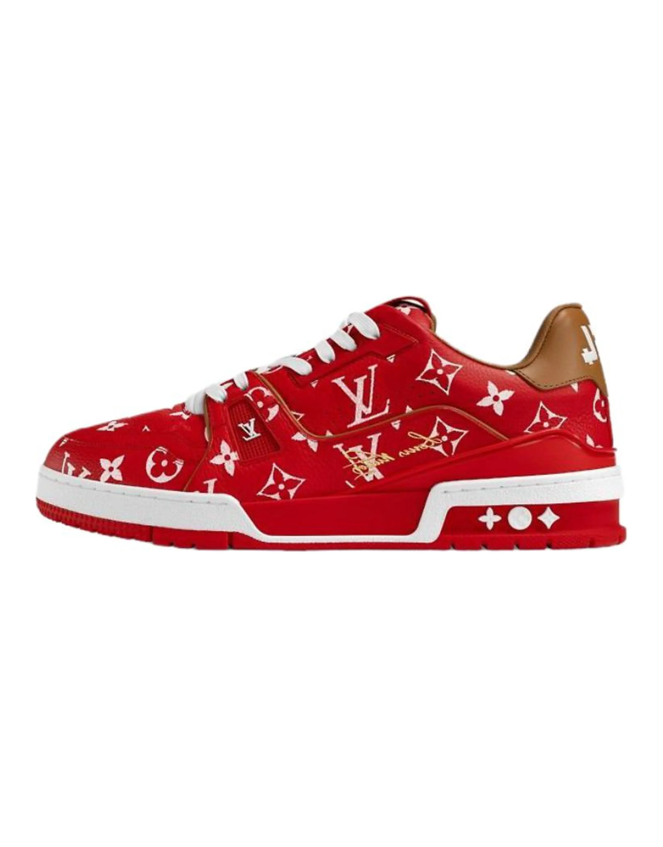 LOUIS VUITTON Trainer Cow Leather Logo Print Round Toe Lace-Up Low-Top Sneakers Men's Red