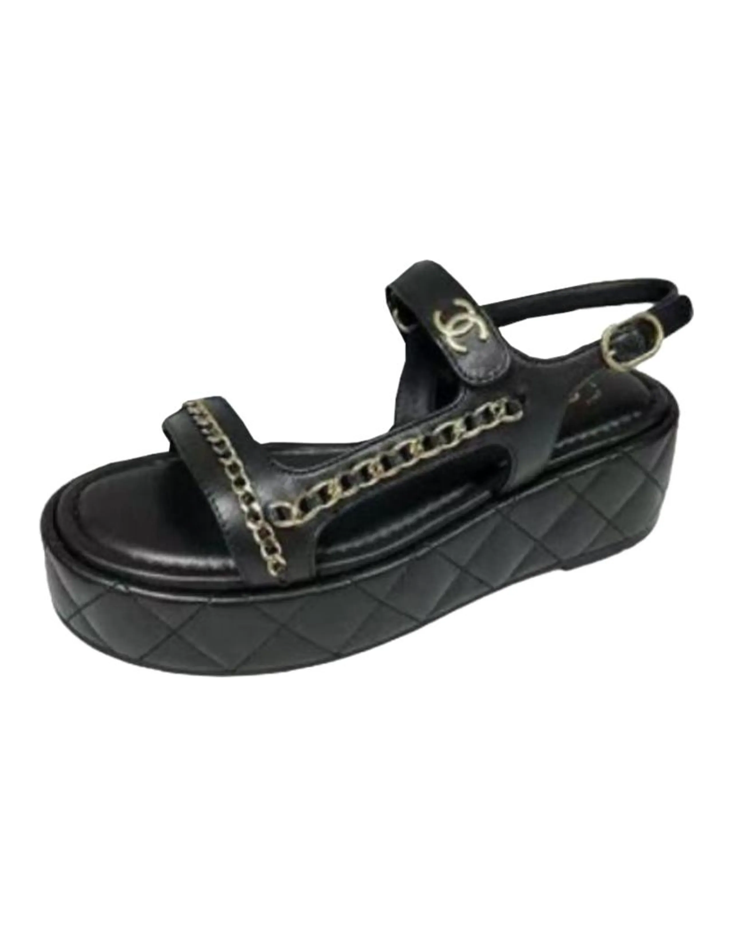 CHANEL 25S Round Toe Buckle Single Strap Sandals Women's Black