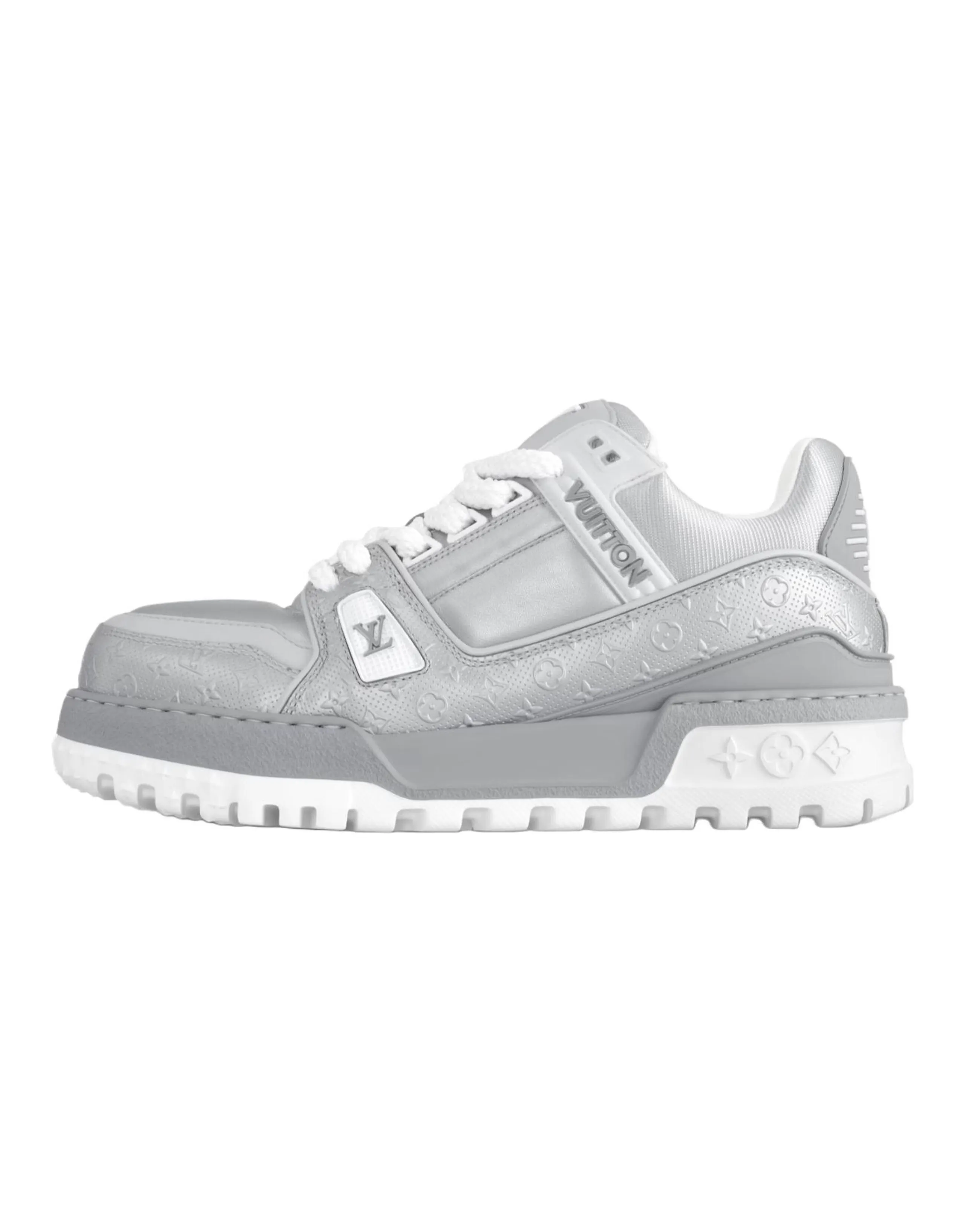 LOUIS VUITTON Trainer Maxi Calfskin Leather Round Toe Lace-Up Low-Top Skate Shoes Women's Silver