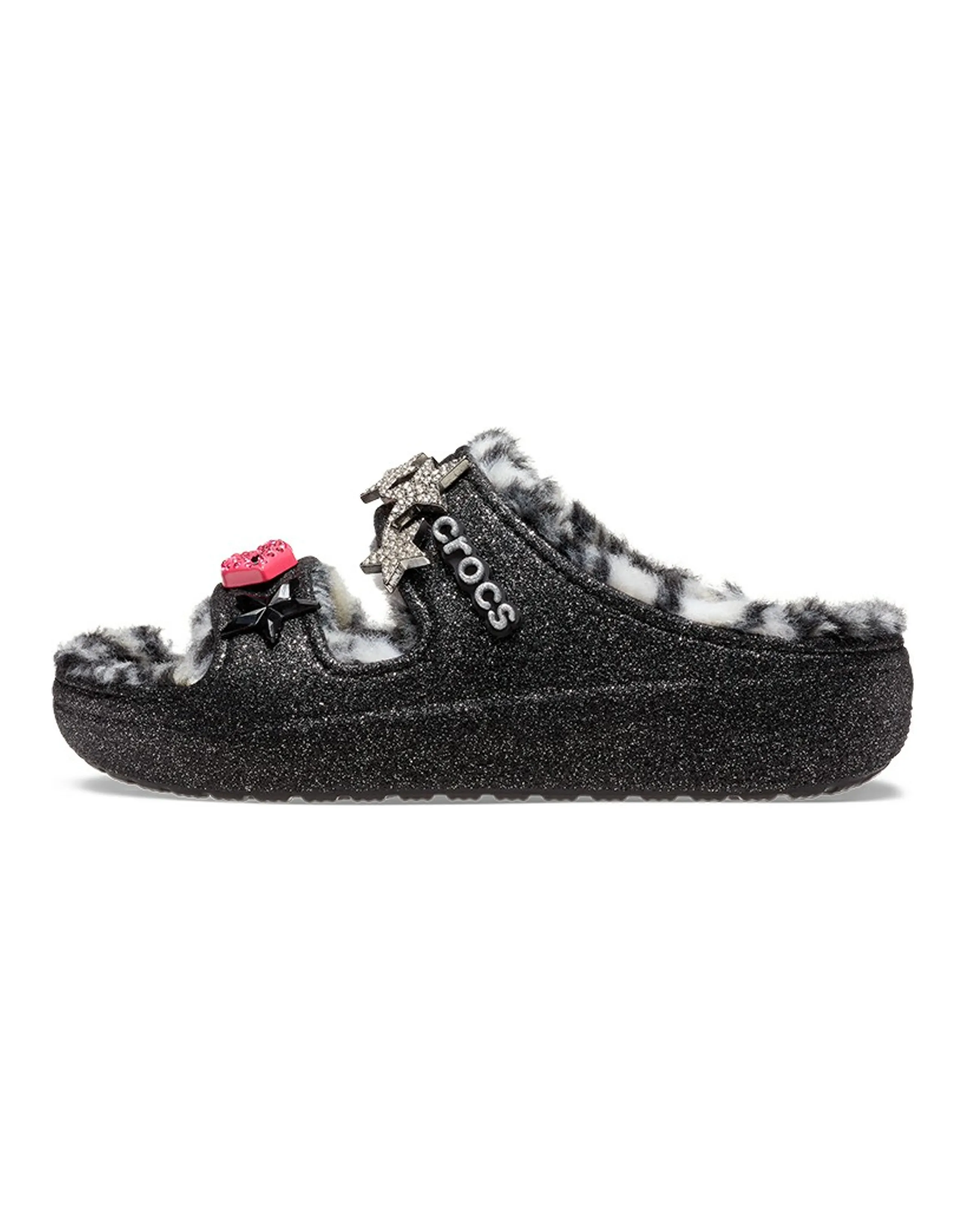 Crocs Classic Cozzzy Disco Glitter Sandals 'Black' Women's