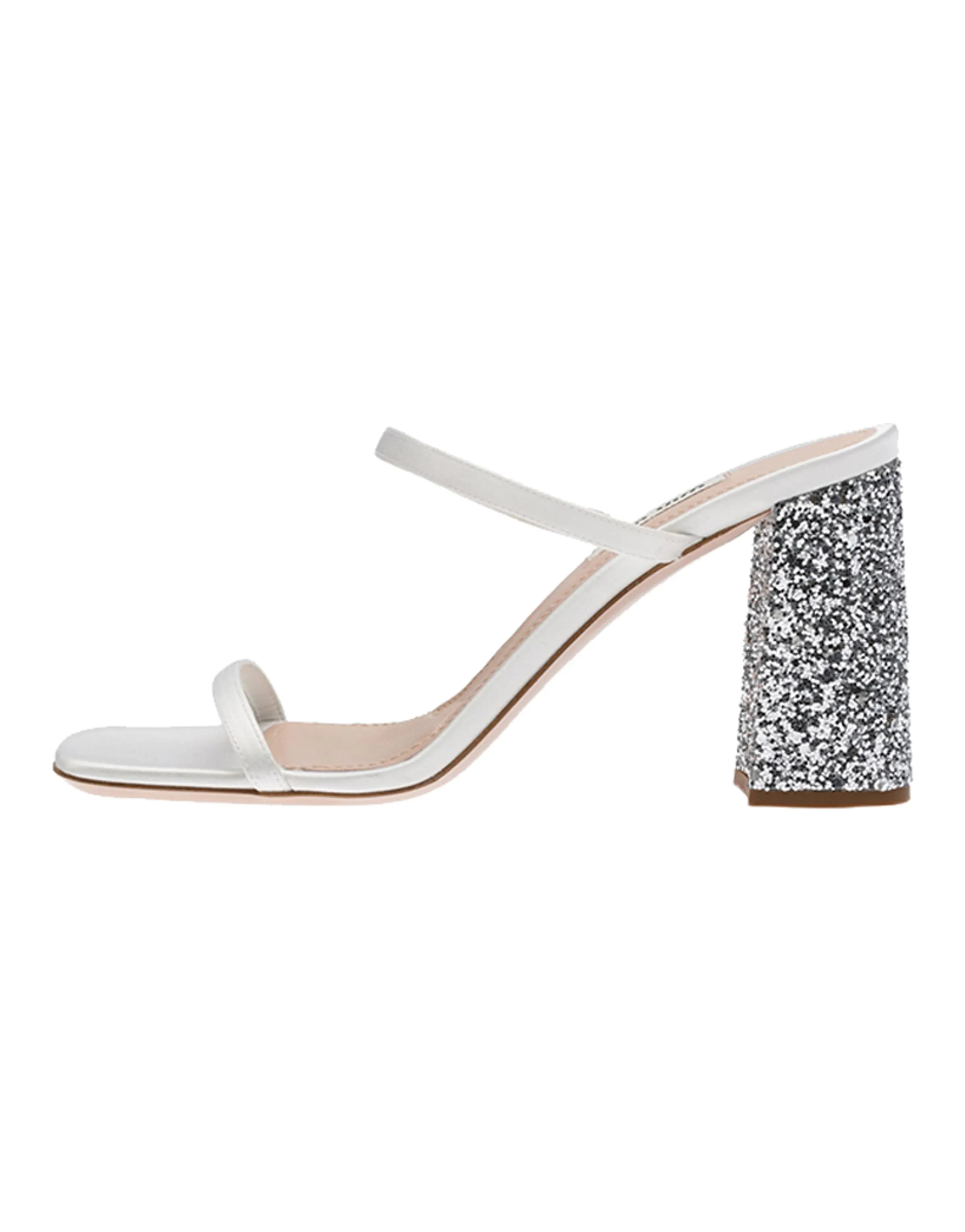 MIU MIU Satin Glitter Block Heel Slide Sandals Women's Silver White