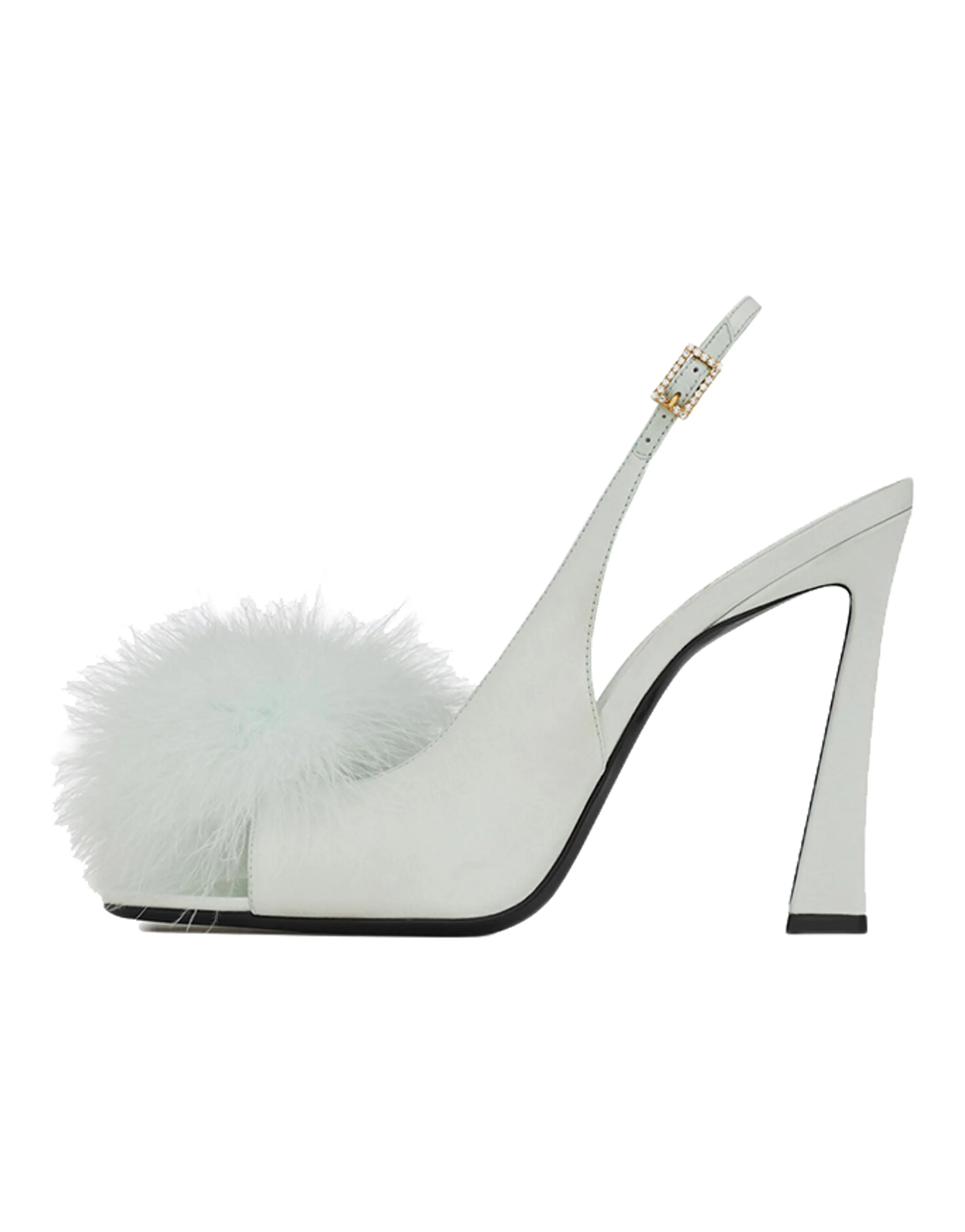 SAINT LAURENT Mae Feather Trim Crepe Slingback Ankle Strap Sandals 11cm Women's Light Green