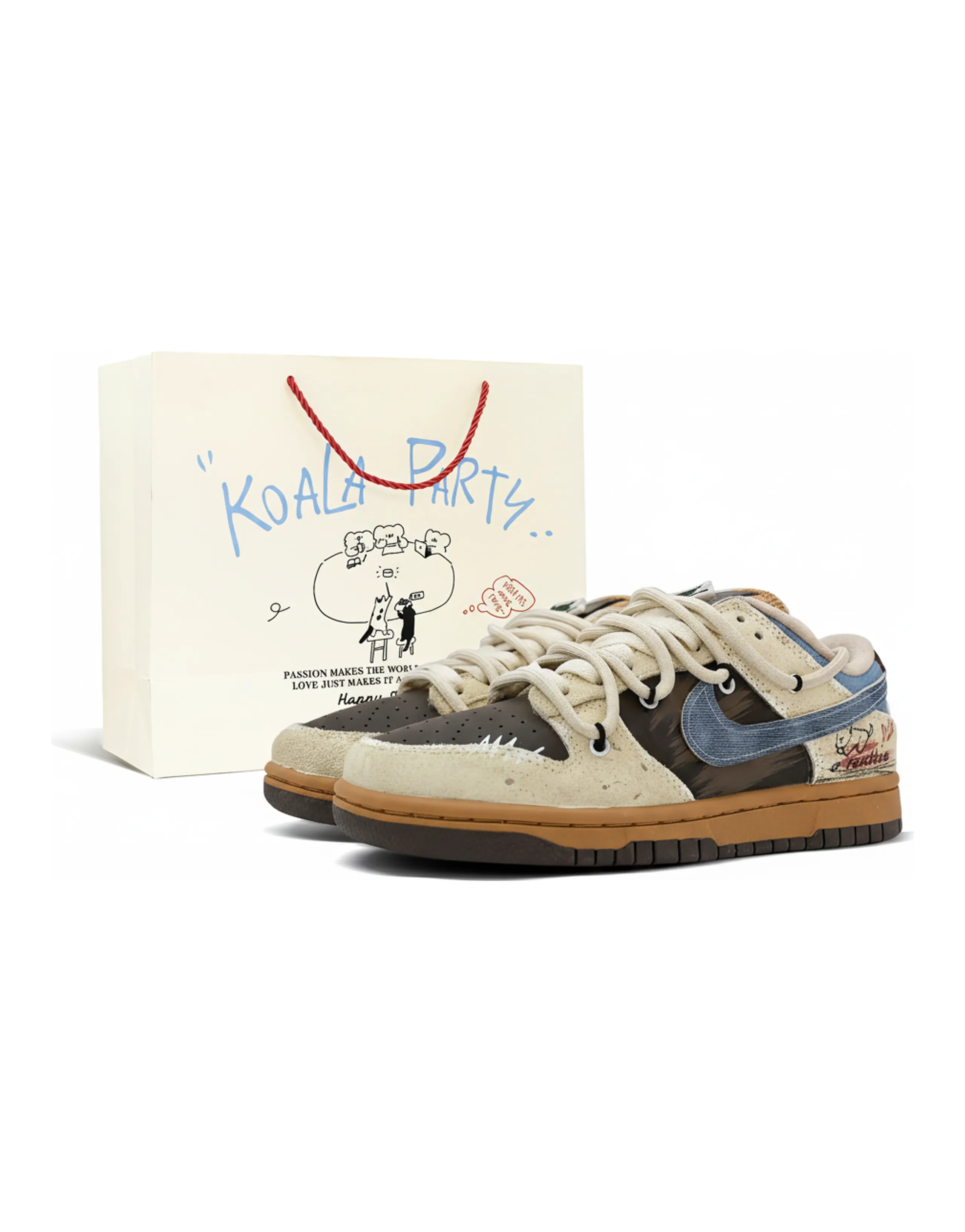 [Custom Sneakers] Nike Dunk Shark Coffee Hug Gift Bag Demera Cute Simple Drawing Retro Trendy Deconstructed Simple Skate Shoes Unisex Brown