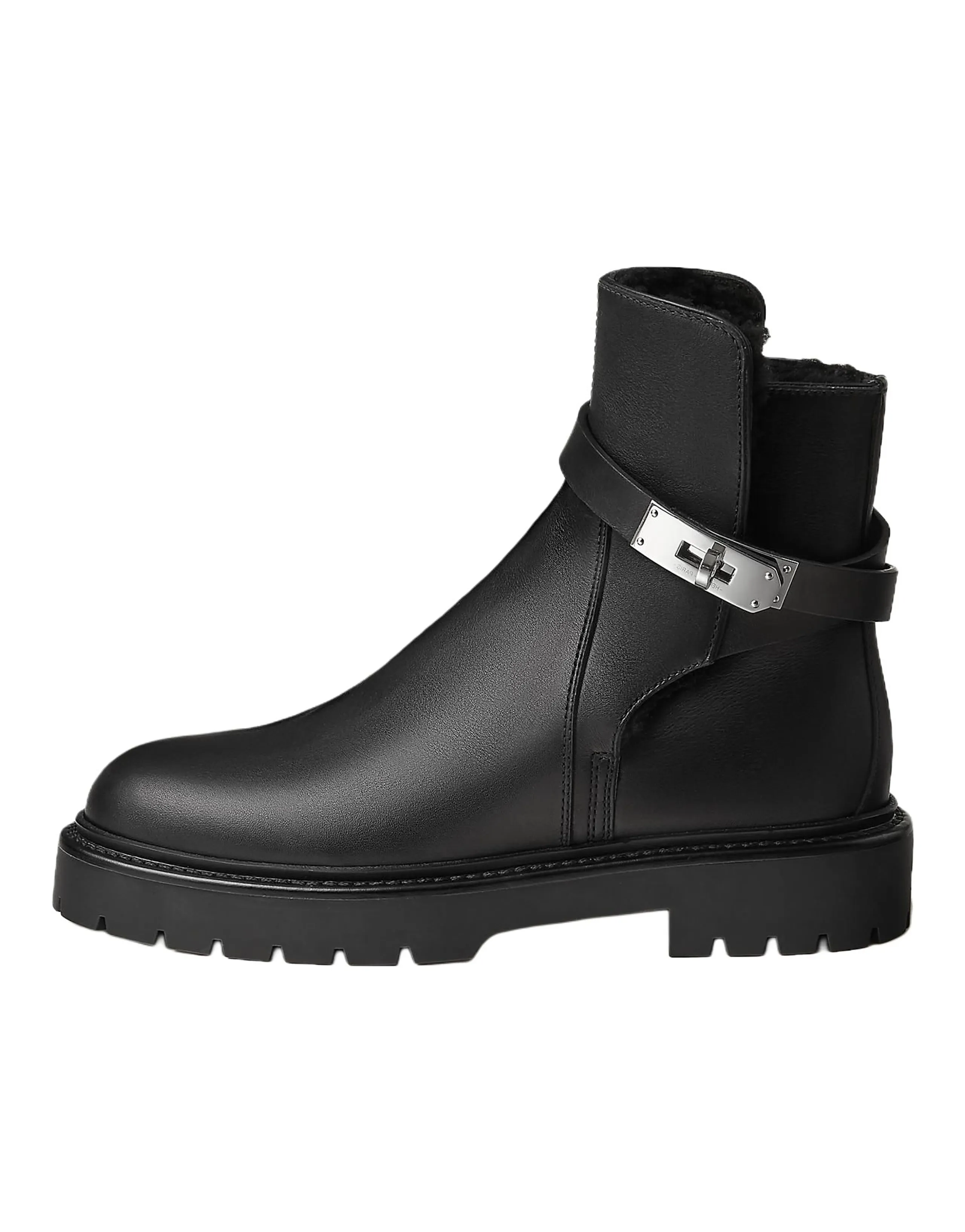 HERMES Jeff Jeff Calfskin Leather Round Toe Buckle Ankle Boots 3.5cm Women's Black