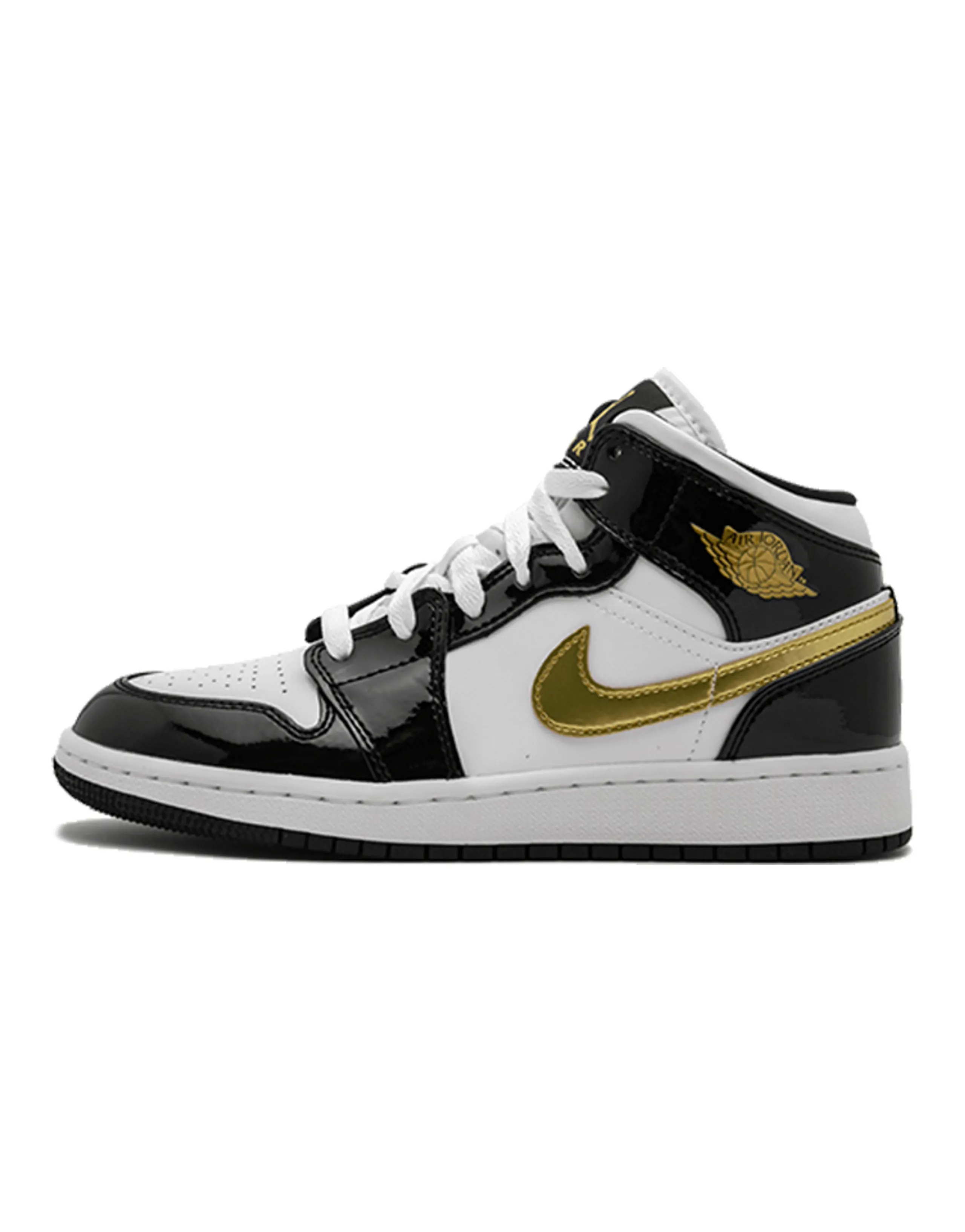 Jordan 1 Mid Patent Black White Gold GS