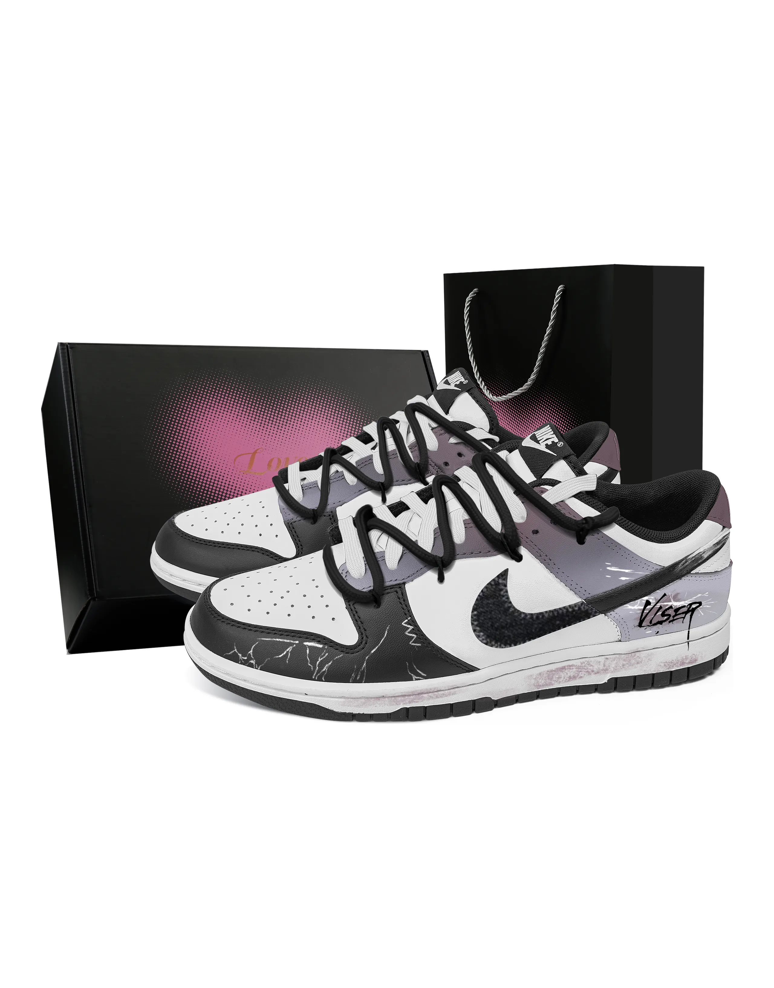 Nike Dunk 'Thunder Chuan Dai' Custom Sneakers Unisex Low-Top Skate Shoes Black Purple White