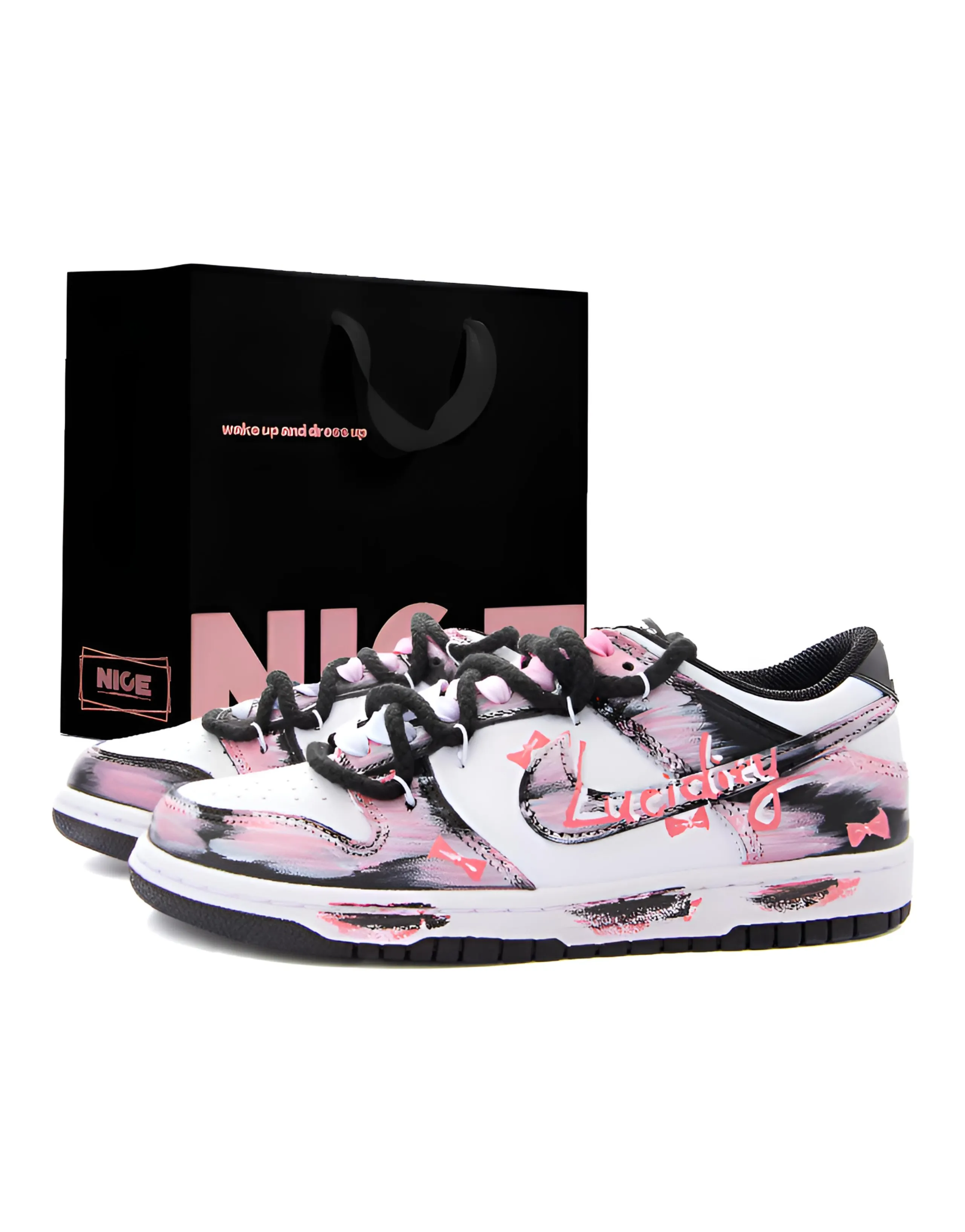 Custom Sneakers: Nike Dunk Gift Bag Edition 'Flowing Oriole Dancing Butterfly' Panda Couple Versatile Wear-Resistant Low-Top Sneakers Unisex Black Pink