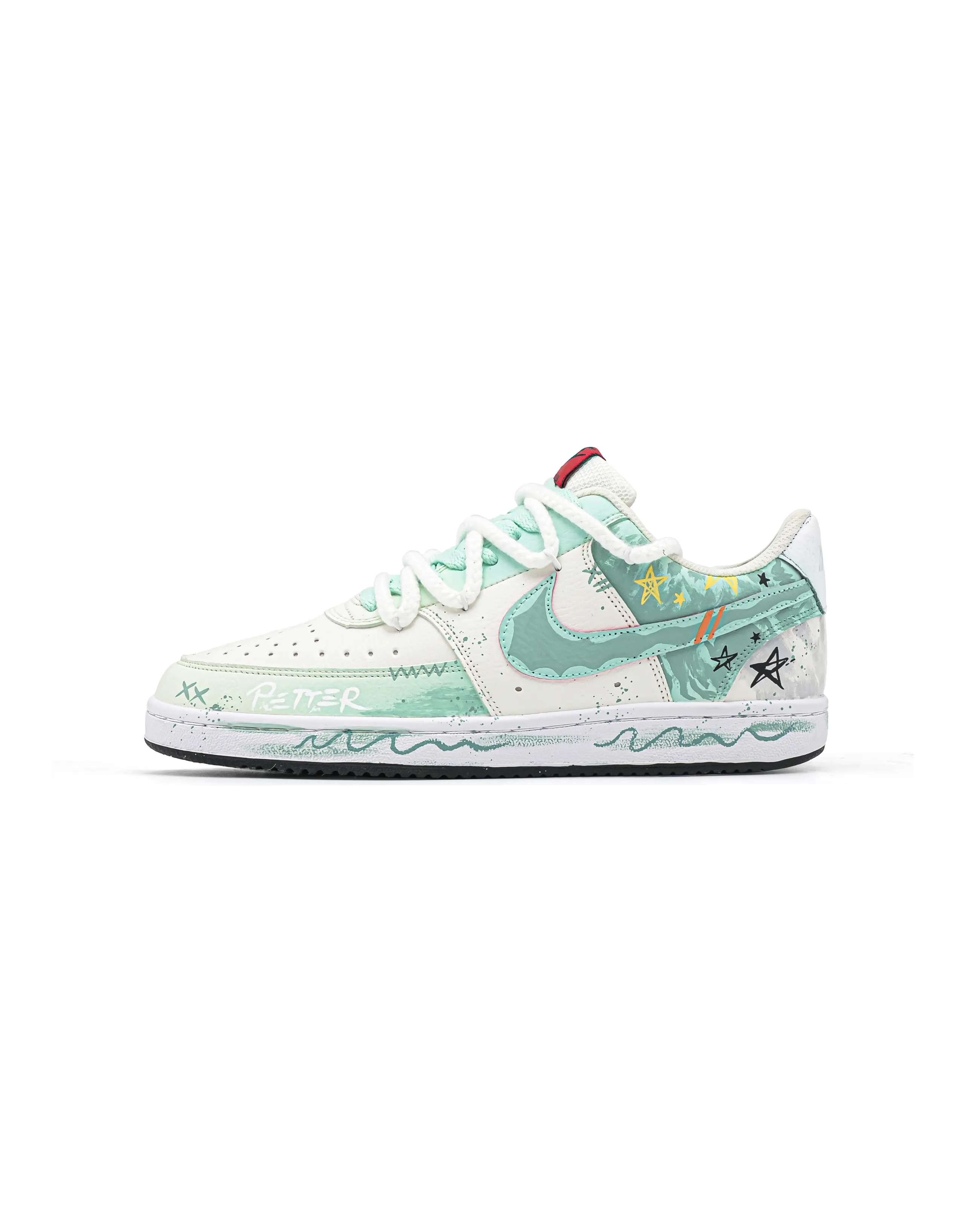 [Custom Sneakers] Nike Court Vision 1 Mint Starry Leather Graffiti Minimalist Versatile Slip-Resistant Cushioned Breathable Low-Top Skate Shoes Unisex White Green