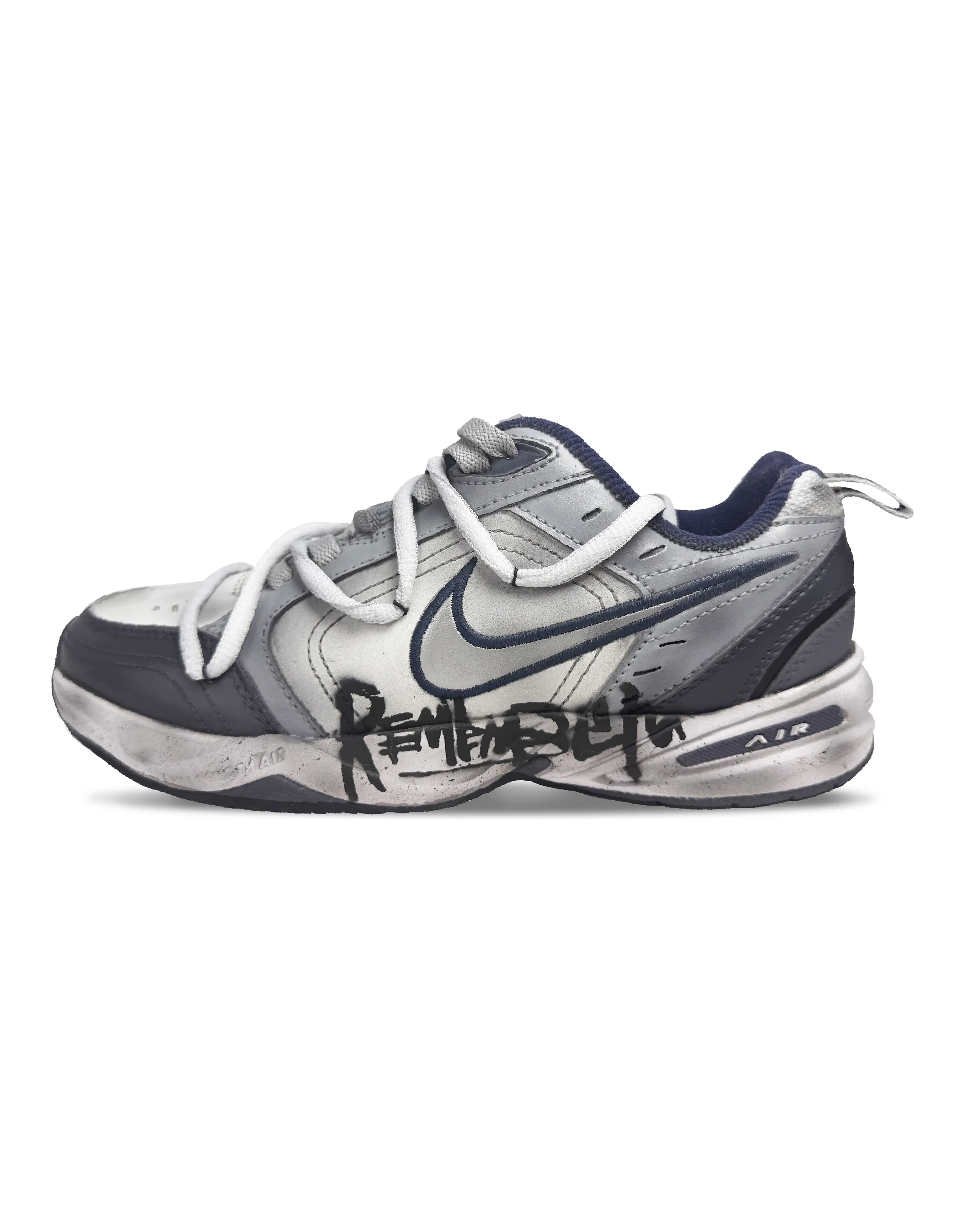 Custom Sneakers Nike Air Monarch 4 'Weekend Rhapsody Quantum Raid' Distressed Style Trendy Spray Paint Splatter Casual Versatile Low-Top Dad Shoes Unisex Gray