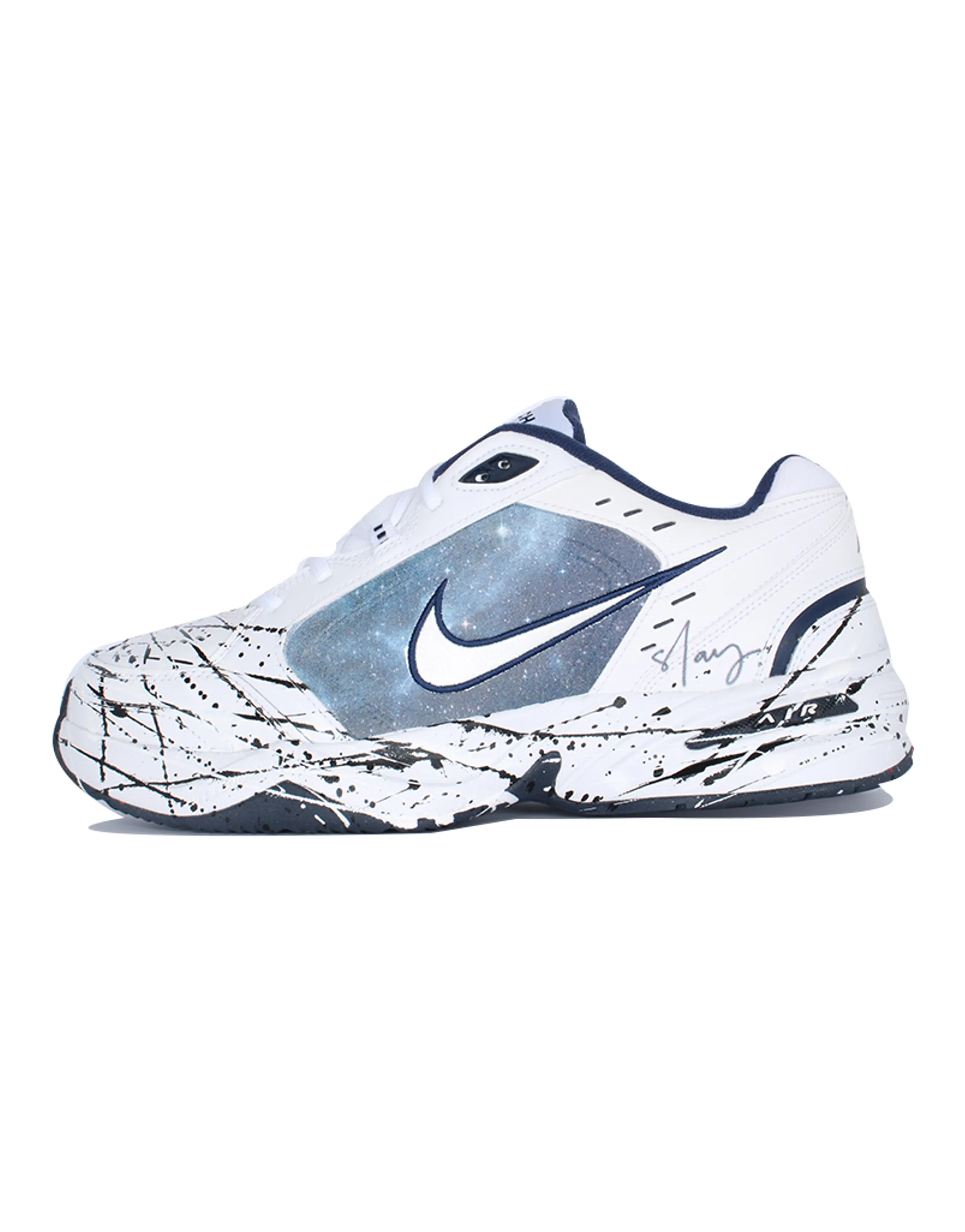 Nike Air Monarch 4 Starry Sky Universe Ink Splatter Nebula Low-Top Chunky Sneakers Unisex Blue White