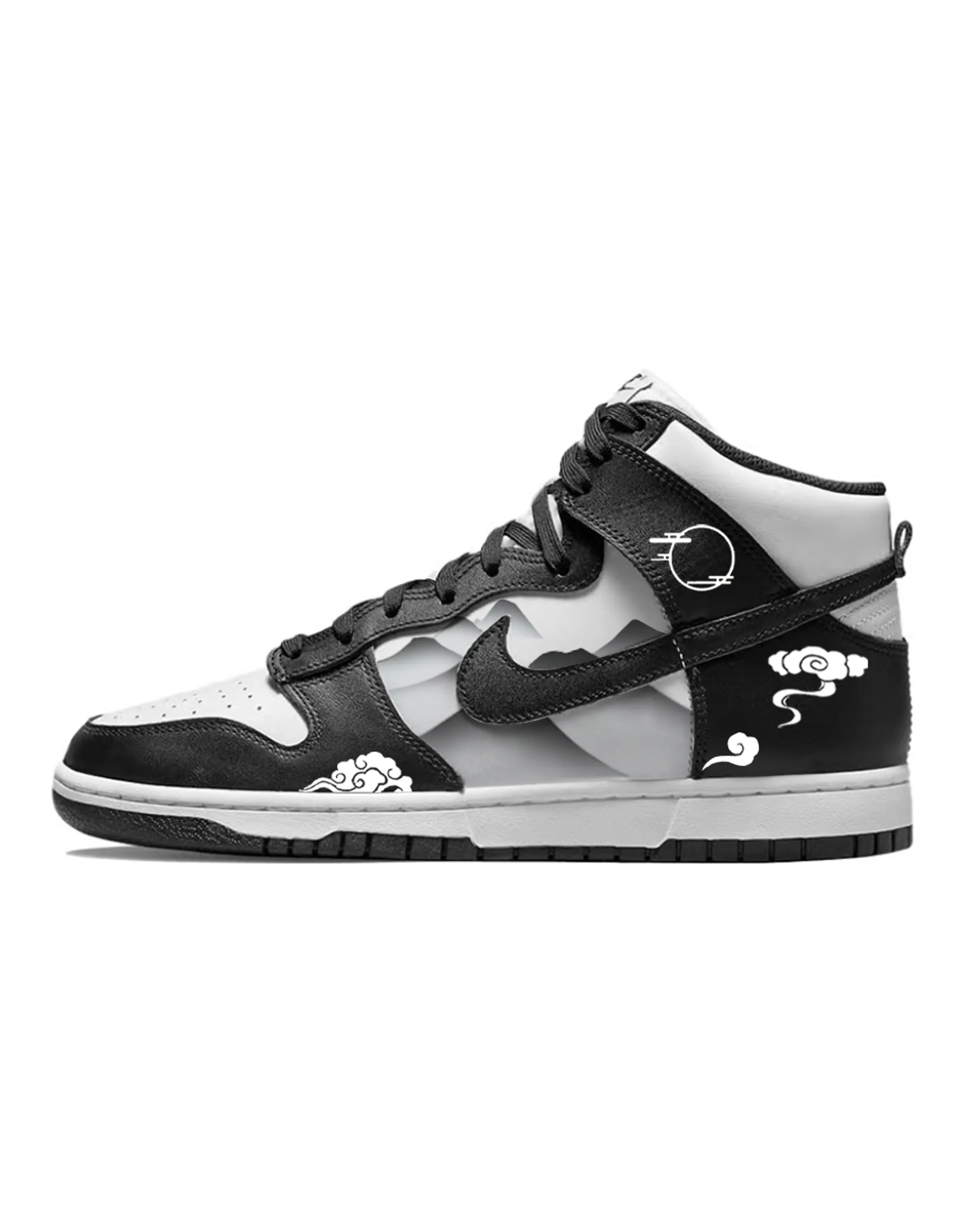 [Custom Sneakers] Nike Dunk Mountain River Ink Painting - Moonlit Wear-Resistant High-Top Skate Shoes Unisex Black White